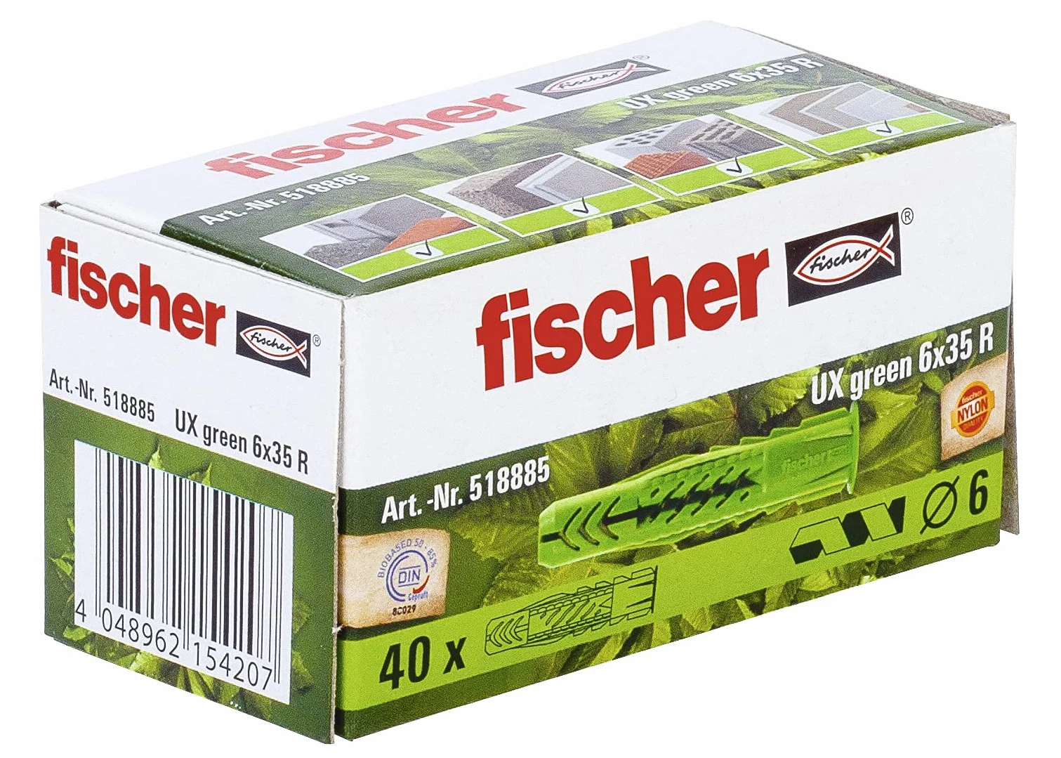 FISCHER Uniwersalny kołek rozporowy UX GREEN 6 x 35 R, po 40 trwałych kołków, uniwersalne kołki rozporowe z surowców odnawialnych, z marginesem dla optymalnej przyczepności w betonie, płycie