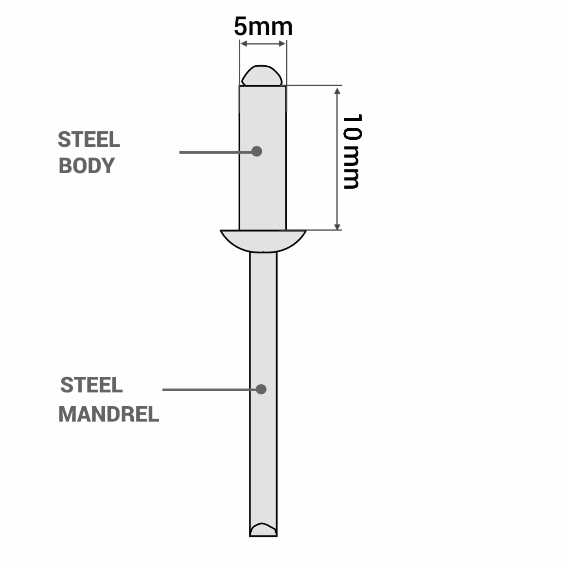 SKIR'CO (200 szt.) Nity zrywalne ze stali ocynkowanej 5,0 x 10 mm, stalowy trzpień, nity zatrzaskowe, głowica kopułowa, nity DIN 7337