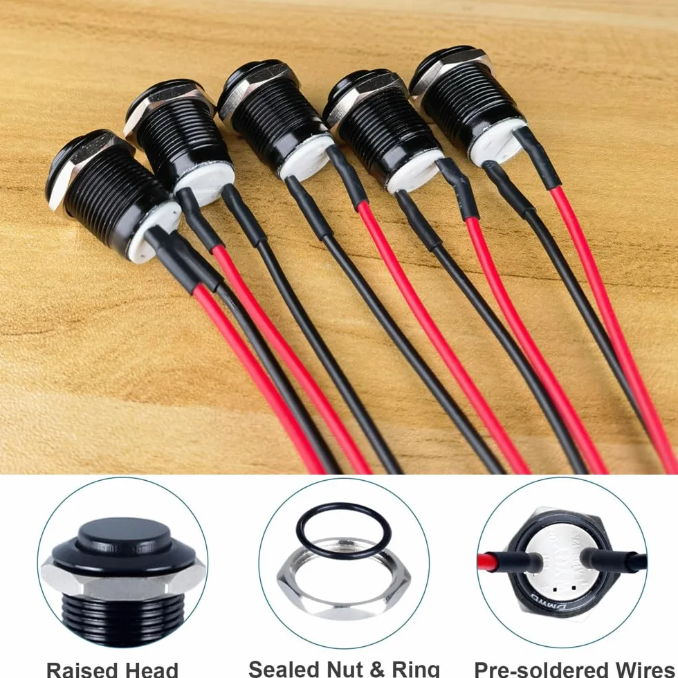 Gebildet 5 sztuk Wstępnie Okablowanych, Wodoszczelny Przycisk IP65, Przycisk Chwilowy ze Stopu Aluminium, wł./wył., 12mm, 2A, 12V/24V/125V/250V AC (wysoka głowica)