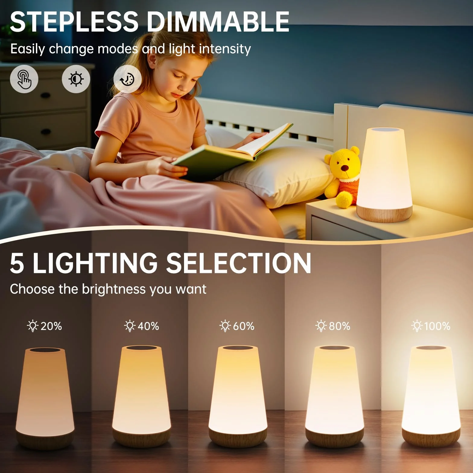 Lampka Nocna Led, Taipow Regulowana Dotykowa Lampa Stołowa z Pilotem Zdalnego Sterowania i 13 Kolorów i 3 Tryby, Lampki Nocne dla Dzieci do Sypialni/Salonu, ładowanie USB
