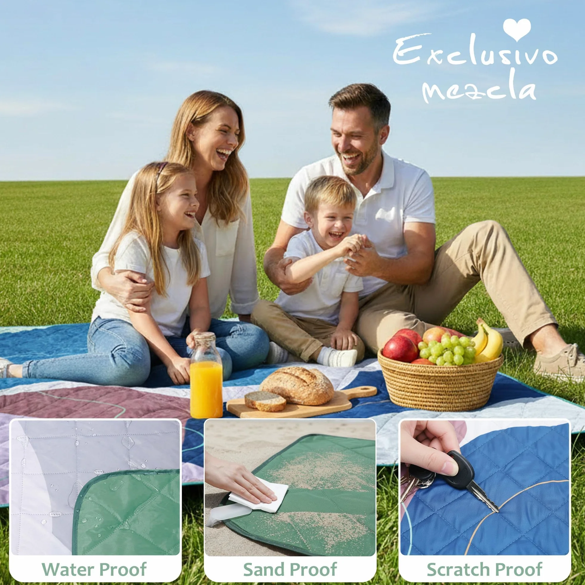 Exclusivo Mezcla koc piknikowy wodoodporny, duża składana mata piknikowa do wędrówek, na plażę, na kemping, ściereczka do prania w pralce z paskiem do noszenia, 150 x 200 cm, abstrakcyjny niebieski