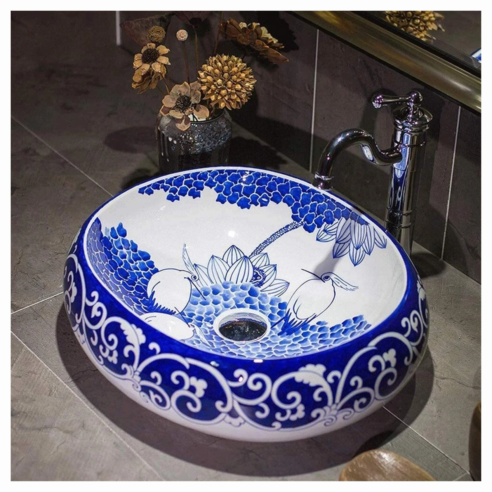 Szafka Pod Umywalkę Z Umywalką, Umywalka Nablatowa, Umywalka Nablatowa, Umywalka Ceramiczna Nablatowa, Umywalka Porcelanowa, Ręcznie Malowana Umywalka Z Motywem Ptaka Lotosu