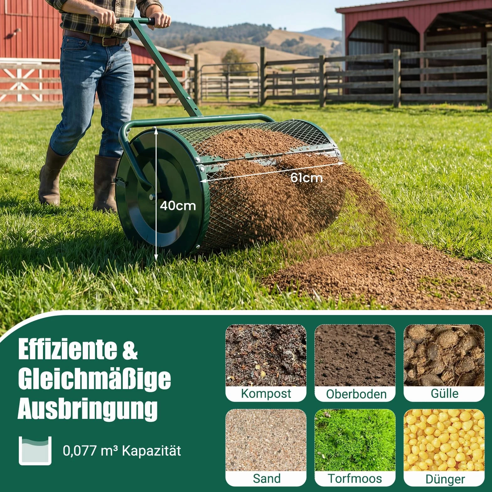 COSTWAY Rozsiewacz kompostowy 77 l, rozsiewacz mchu torfowego z uchwytem T o regulowanej wysokości i koszem z siatki, Ø 40 x 61 cm, rozsiewacz nawozu do ogrodu, trawnika, rozsiewacz ogrodowy do nawozu