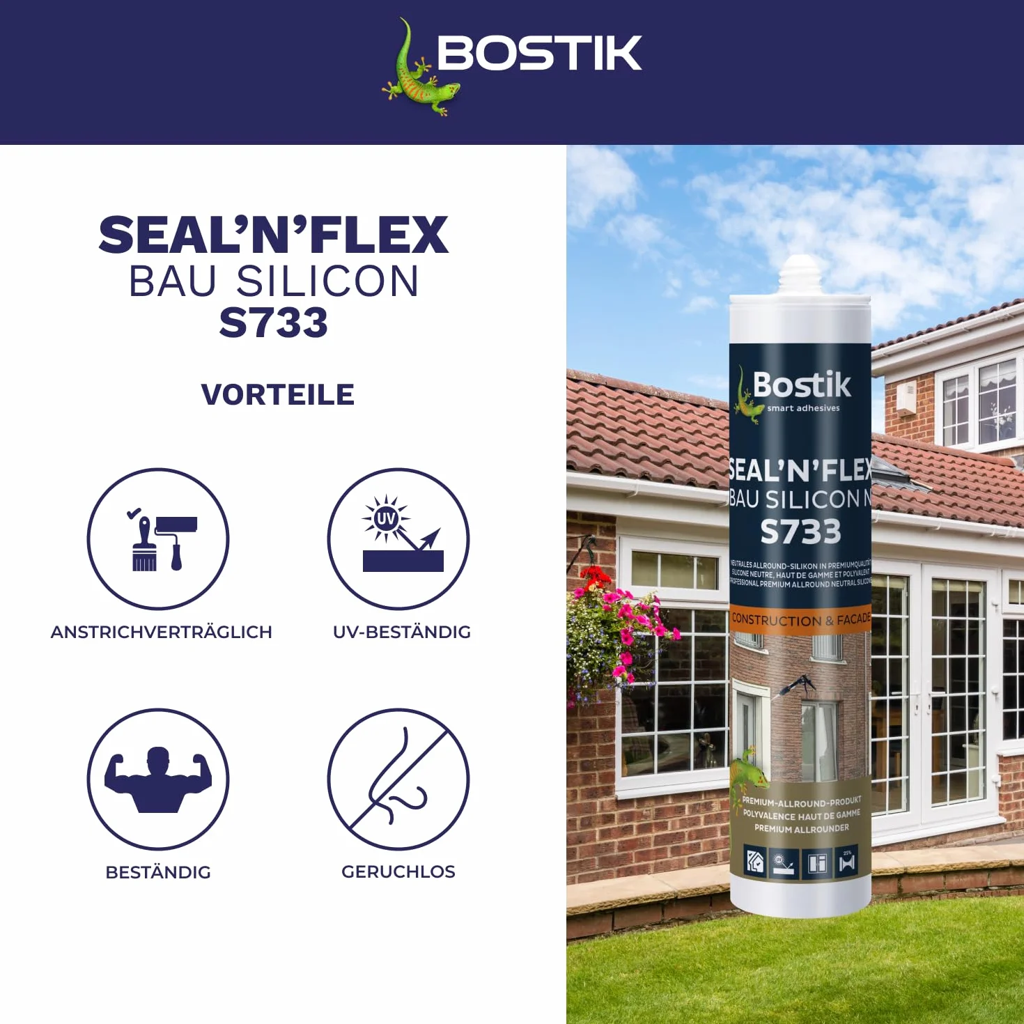 BOSTIK S733 Seal´n´Flex Bau silikon pyłoszczelny szary – neutralny uniwersalny silikon, odporny na pleśń, trwale elastyczny, dobrze tolerowany przez malowanie, do użytku wewnątrz i na zewnątrz, 300 ml