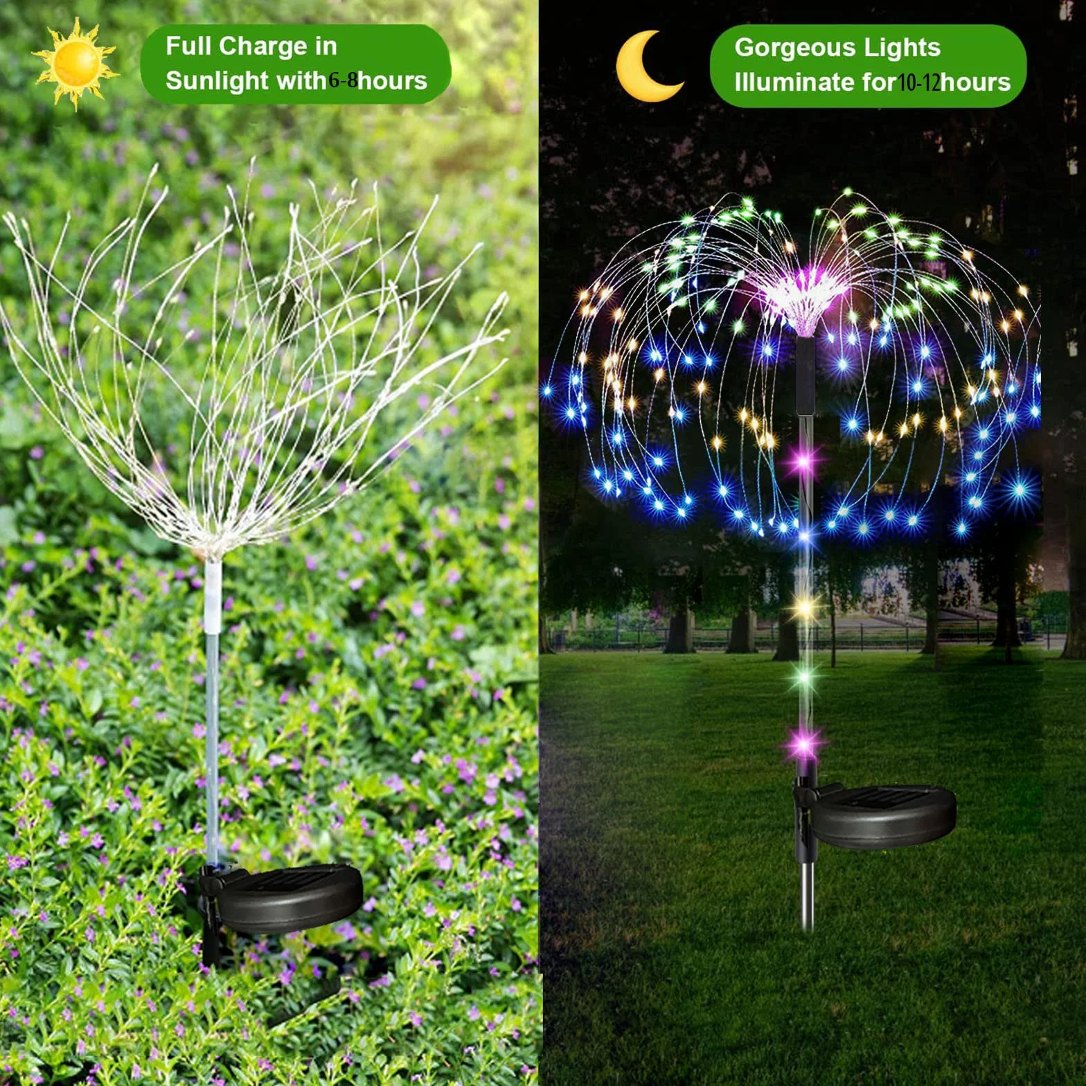 【2 sztuki】 120 diod LED Solarne fajerwerki świetlne, XRR Solarne światła na zewnątrz z migoczącymi kołkami, 2 tryby, ozdoby ogrodowe, światła kulowe typu Starburst do drzew, na taras, na wesele, na