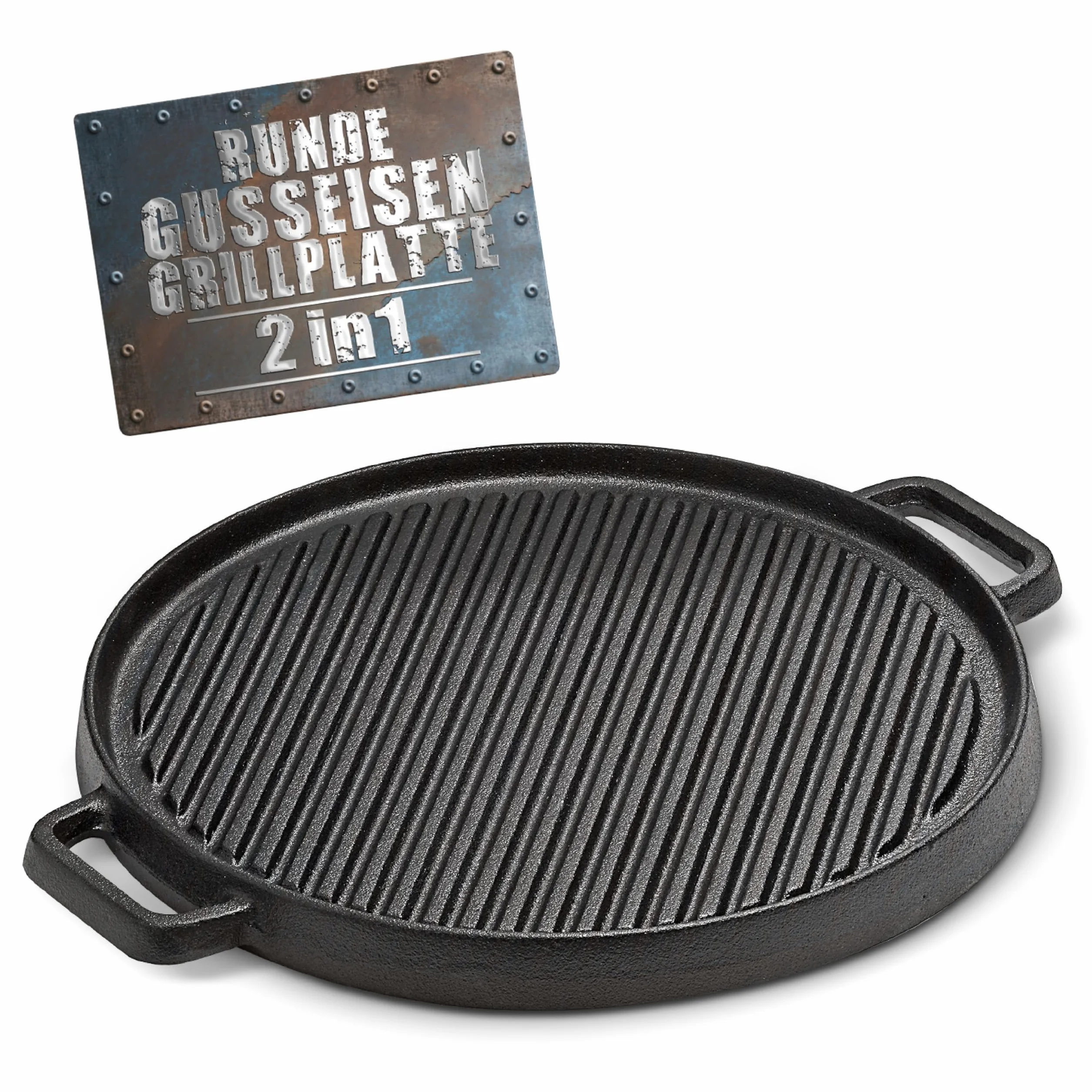 BBQ Boss Żeliwna płyta grillowa [2 w 1], ruszt do grillowania, okrągła płyta do grilla, dwustronna, do grilla i piekarnika, Ø 29,5