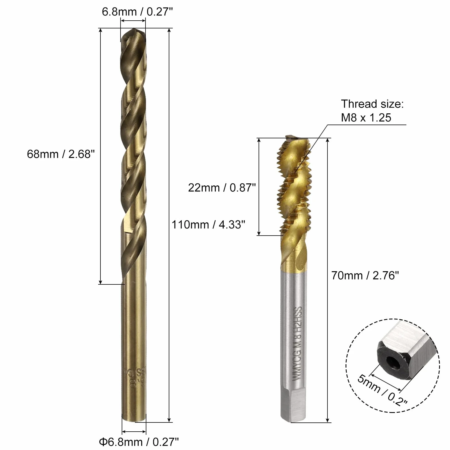 Zestaw gwintowników i wierteł metrycznych, 2 szt. gwintowników spiralnych M8 x 1,25 powlekanych tytanem i 2 szt. wierteł krętych 6,8 mm w kolorze żółtym, narzędzia do gwintowania śrub
