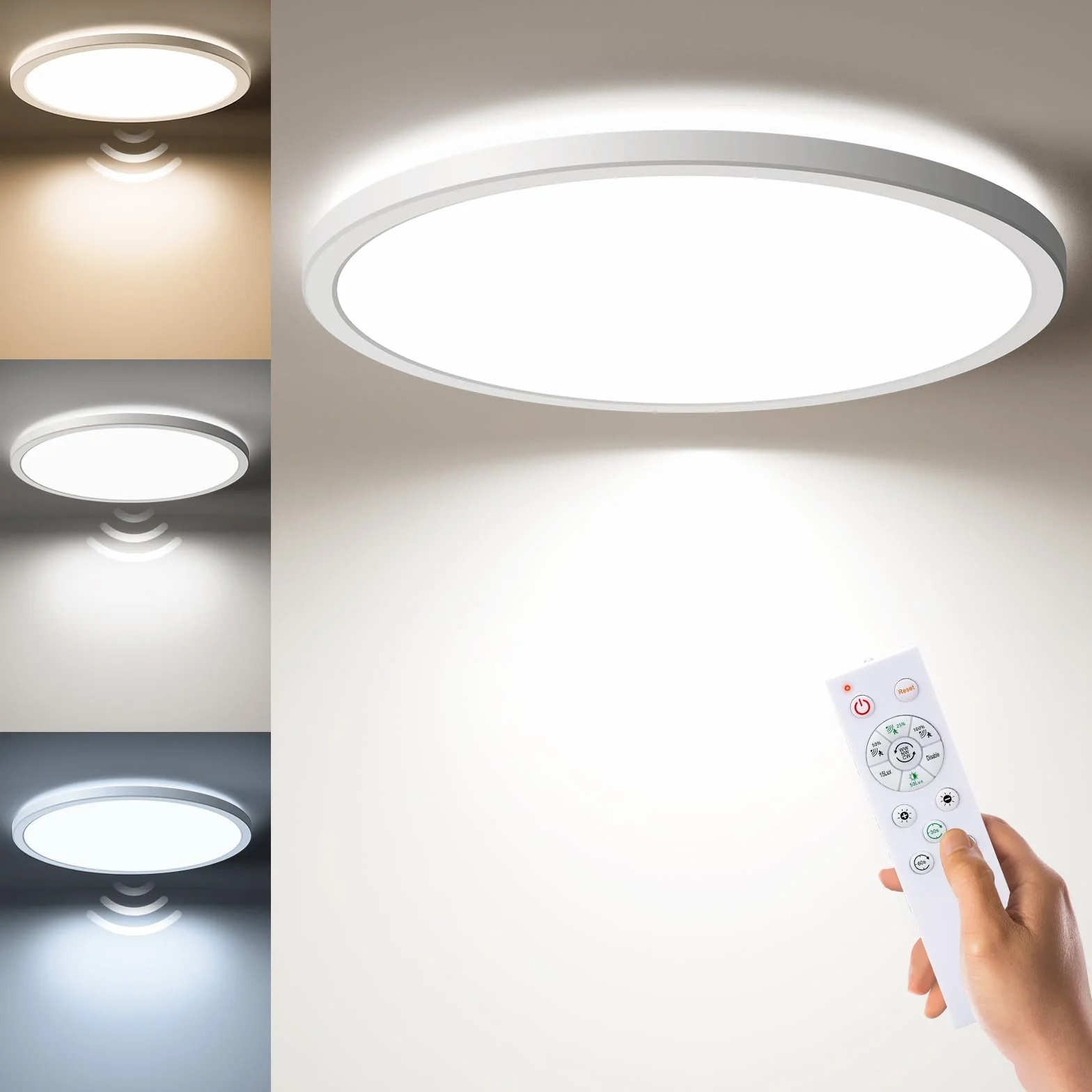 BLNAN LED Oprawa sufitowa z czujnikiem ruchu radarowym 24W, płaska lampa sufitowa z pilotem, panel z czujnikiem ruchu, ciepła neutralna zimna biel do łazienki, korytarza, schodów, toalety, garażu 30cm