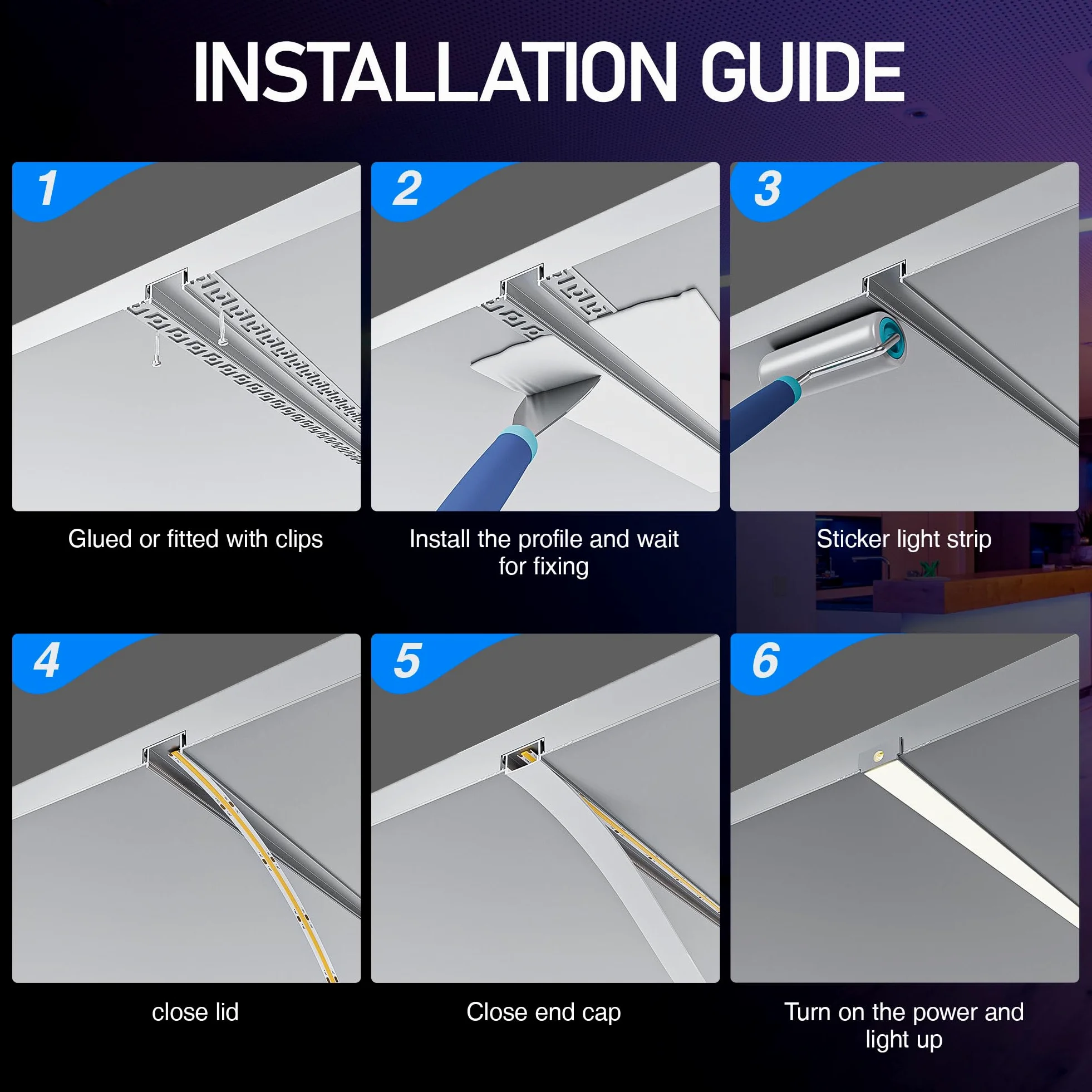Shine Plus Zestaw 6 profili LED na sucho 2M, profil aluminiowy do taśm LED, wpuszczana szyna LED z dyfuzorem, idealna do oświetlenia sufitowego i ściennego