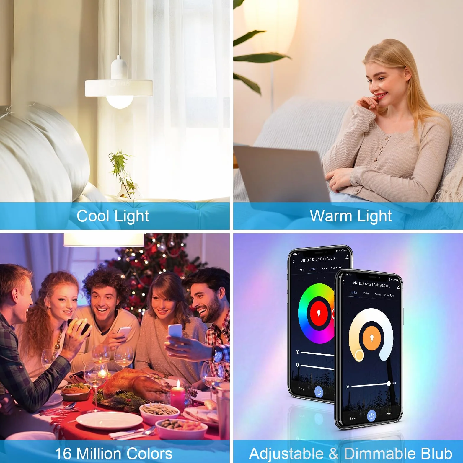 ANTELA Inteligentna żarówka G45 E27 LED 4,9W 470LM RGBCW z funkcją ściemniania Inteligentna żarówka G45 E27 LED 4,9W 470LM RGBCW z funkcją ściemniania Kompatybilna z Alexa i Google Home,2szt.