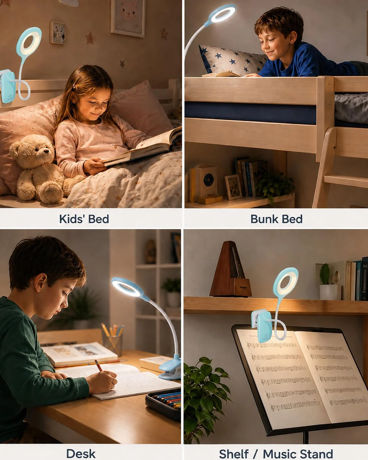 Lampka Zaciskowa do Łóżka dla Dzieci, LED Lampka do Czytania z Klipsem USB, 3 Kolory Światła, Dotykowe Ściemnianie, Lampka Nocna z Elastycznym Ramieniem do Pokoju Dziecka, Łóżka Piętrowego,niebieska