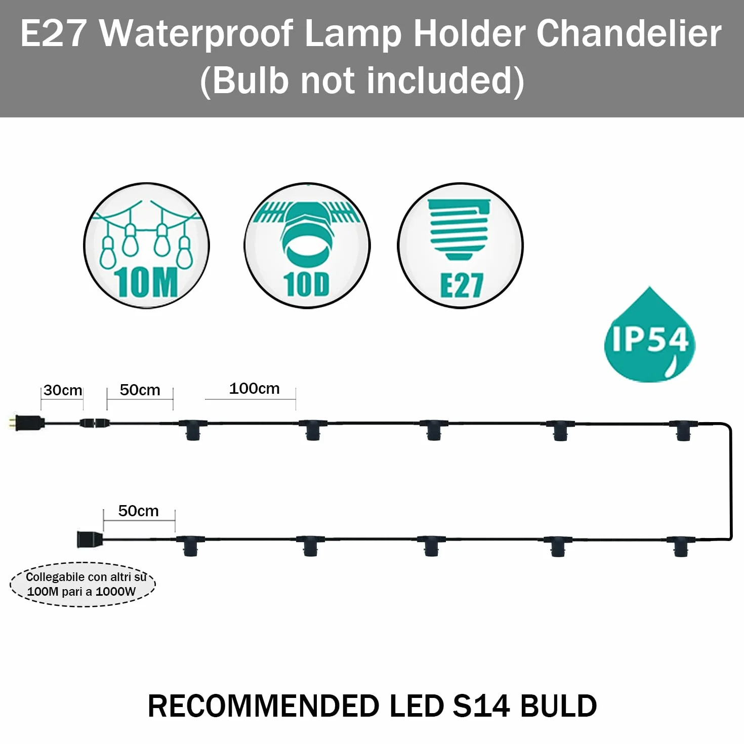 MU Girlandy Światła Zewnętrzne 10 metrów 10 Oprawka do lampy LED E27 Czarny Wodoodporny Kabel Wysuwany Do 1000 W IP54 Zewnętrzny Ogród Ślub [Klasa efektywności energetycznej: A]