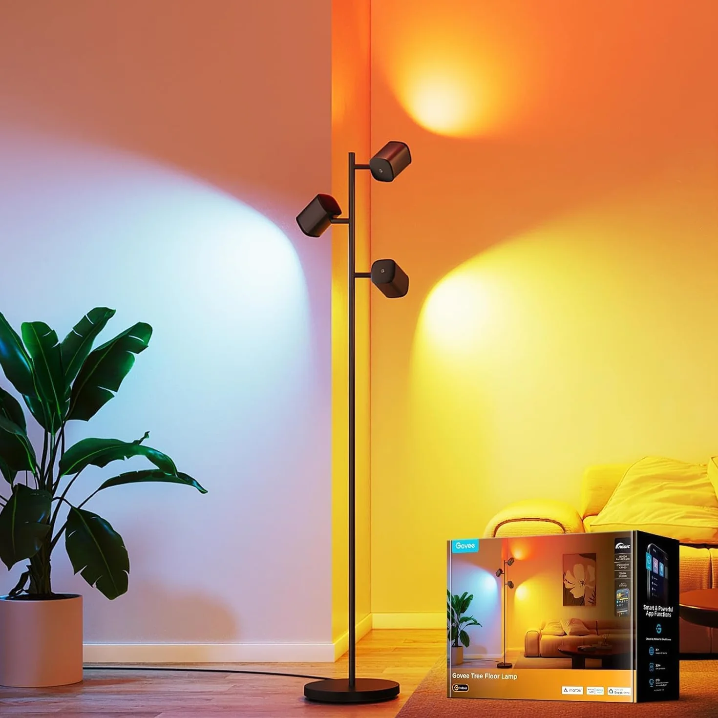 Govee Drzewna lampa podłogowa LED, RGBWW, 3-głowicowa, regulowana kierunkowo, narożna lampa stojąca, współpracuje z Matter Alexa, 64+ sceny, synchronizacja muzyki, 157 cm, czarne lampy podłogowe do