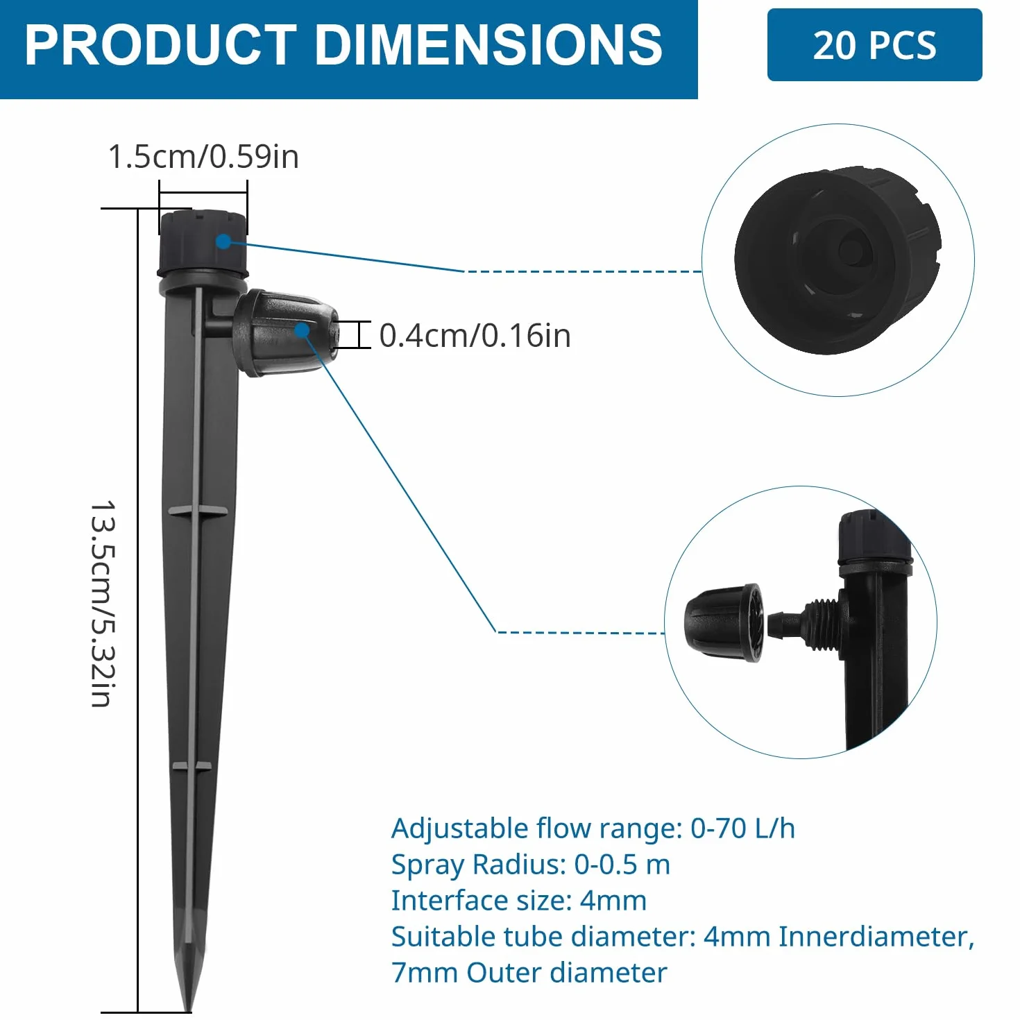 VooGenzek 20 Sztuk Kroplownik do Systemu Nawadniania 4/7mm 360 Stopni Regulowany Czarny