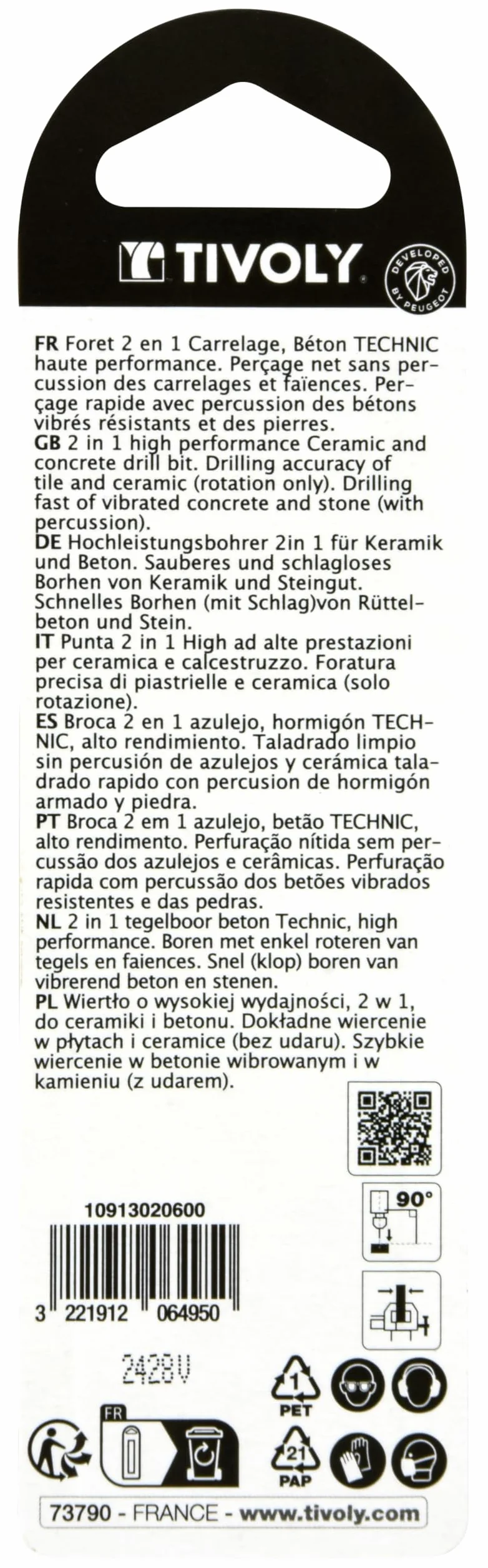 tivoly 10913020600 blister 1-spiralny wiertło béton-carrelage 2 w 1 Technic, czerwony, Ø 6 mm