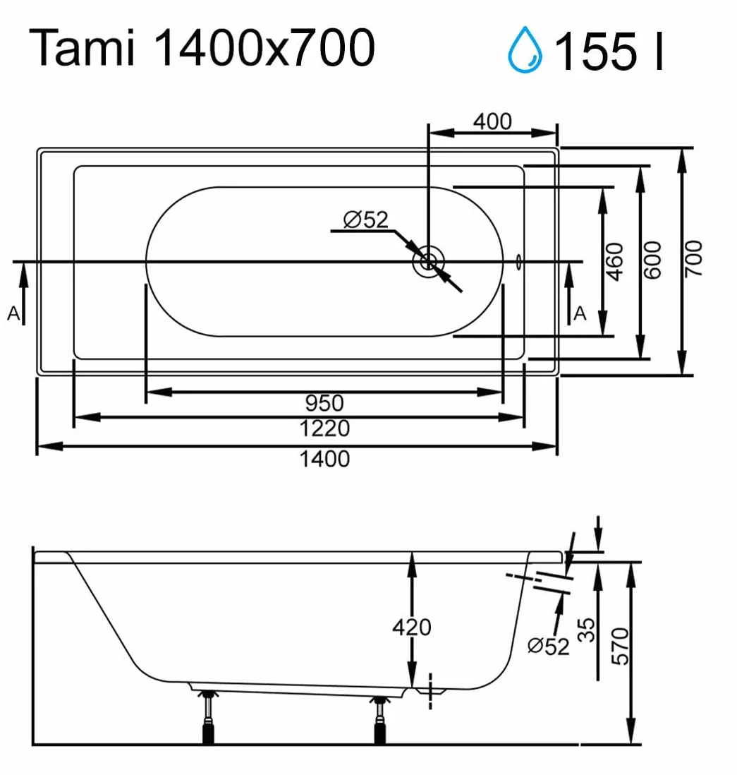 ECOLAM® wanna TAMI 140x70 cm prostokątna akrylowa biała nowoczesna elegancka wanna bezpośrednio od producenta w zestawie syfon silikon stelaż