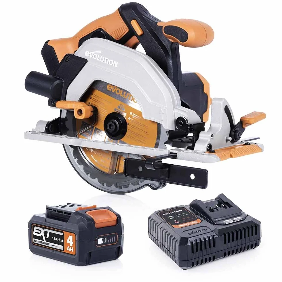 Evolution Power Tools Bezprzewodowa piła tarczowa R165CCS-Li do cięcia różnych materiałów, drewna, plastiku, metalu itd., tarcza 165 mm w zestawie, 3 lata gwarancji, akumulator i ładowarka w zestawie