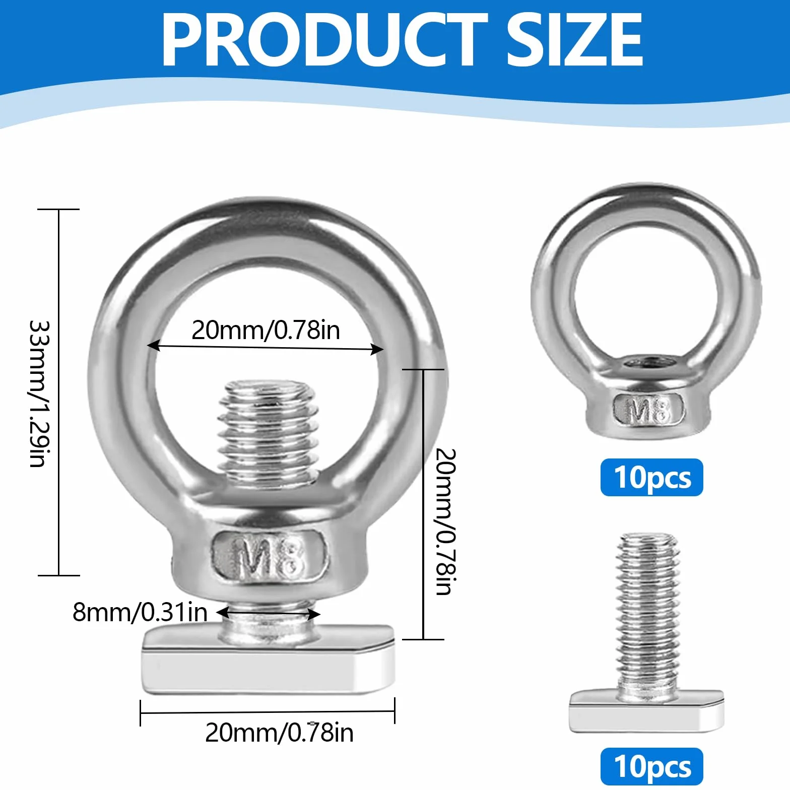 10 sztuk nakrętek oczkowych M8, śruby oczkowe M8 × 20 mm, stal nierdzewna 304, oczka oczkowe z 10 śrubami typu T do zawieszek, akcesoriów do podnoszenia, ornamentów, doniczek, stojaków na huśtawki