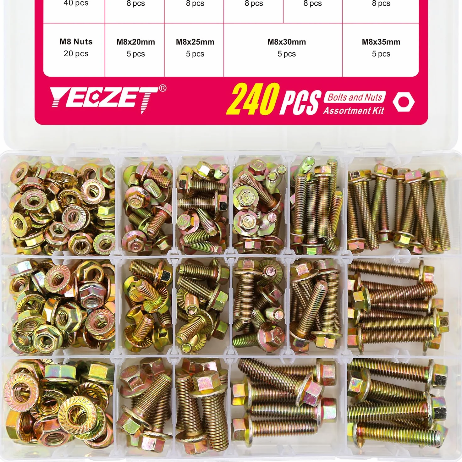 Zestaw 240 sztuk śrub kołnierzowych M5 M6 M8 i nakrętek kołnierzowych z ocynkowanych, 8,8 mm, zestaw śrub sześciokątnych i nakrętek