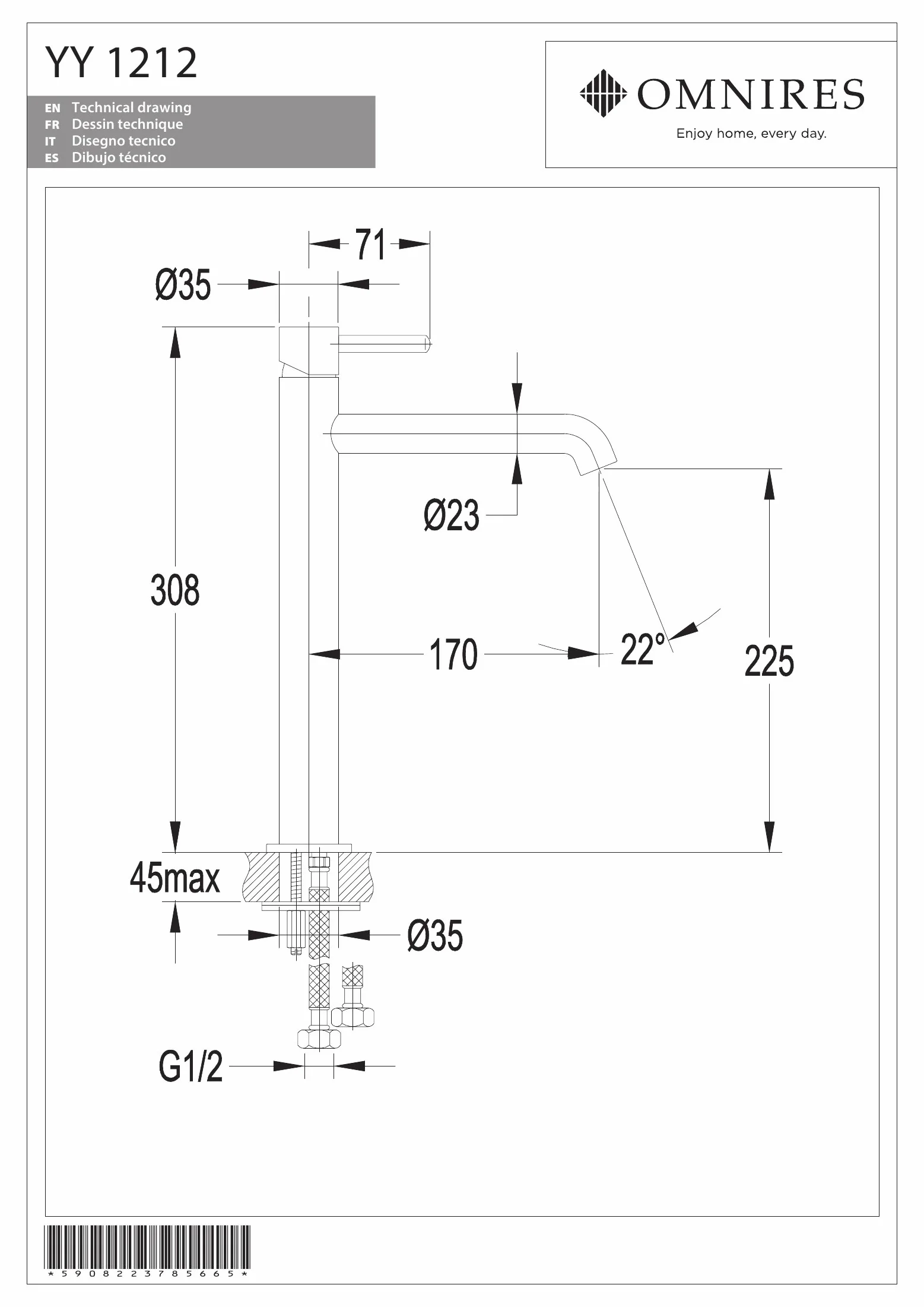 Omnires Y1212CR bateria łazienkowa Y-chrome-Y1212CR, chrom