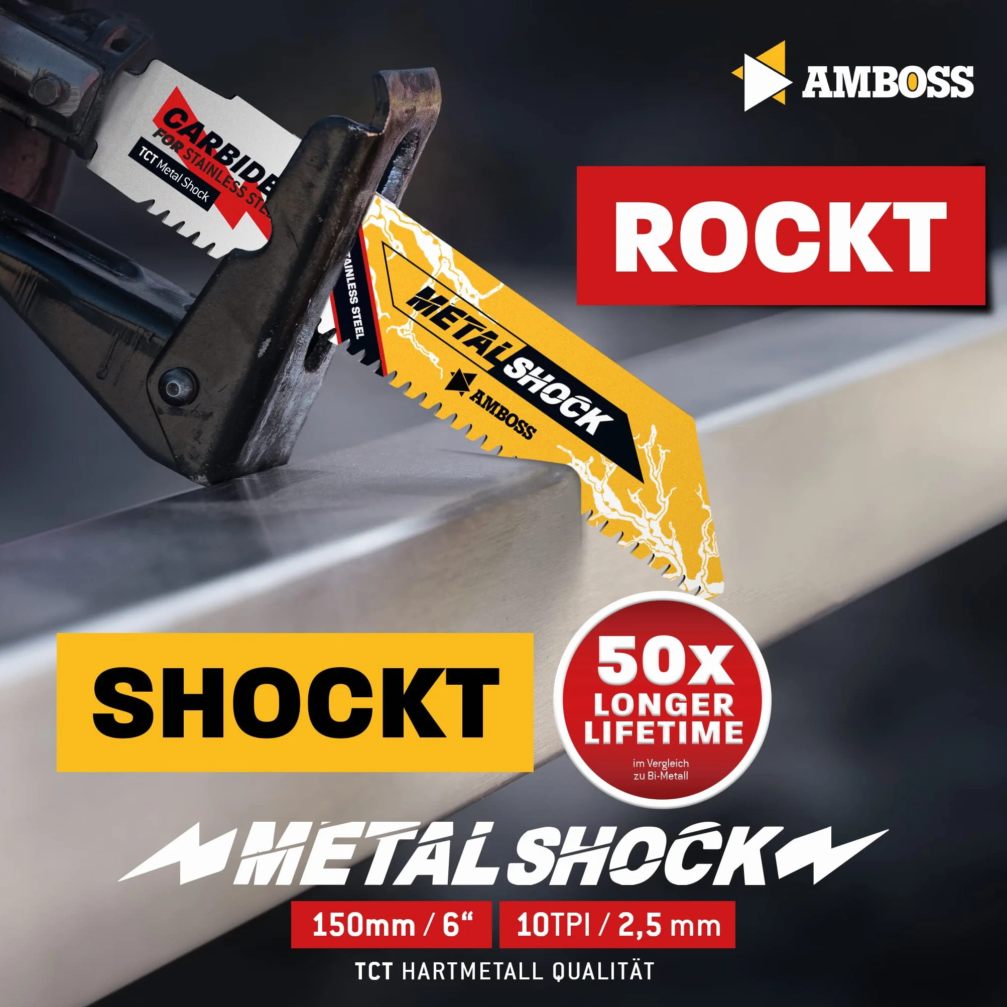 AMBOSS METAL SHOCK - 10 x brzeszczot do piły szablastej długość 230 mm / 10 ZpZ - idealny do odrywania/ montażu / demontażu/budowy rur - nadaje się do stali nierdzewnej oraz stali (rury/profile/nośniki) oraz rur żeliwnych