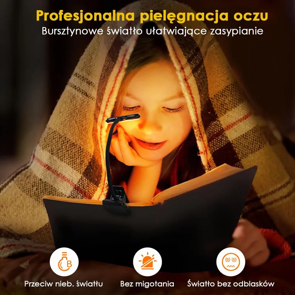 OUSFOT Lampa do czytania książek, zacisk z 3 stopniami jasności, 9 diod LED, ładowana przez USB, lampa zaciskowa 360°, elastyczna lampa zaciskowa LED, do biura, łóżka, stojak na nuty