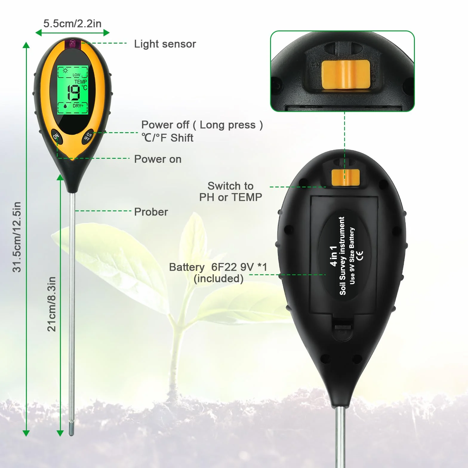 flintronic Tester gleby 4 w 1 pH-metr, cyfrowy tester z termometrem do roślin mierzący oświetlenie, temperaturę, PH, wilgotność gleby, miernik wilgotności do ogrodu 4 w 1, tester ziemi