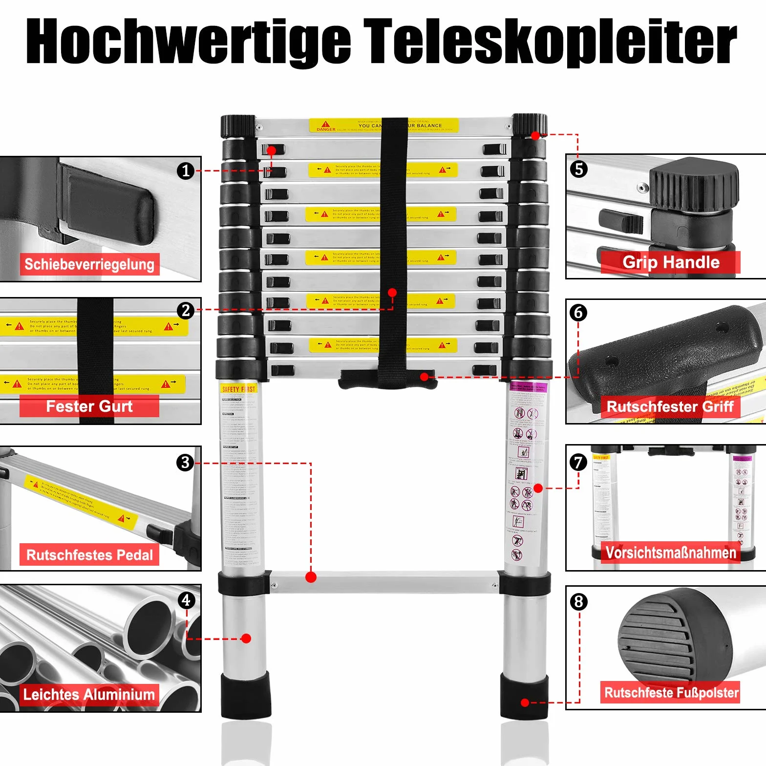 Aluminiowa drabina teleskopowa 3,8 m 13 szczebli nośność 150 kg