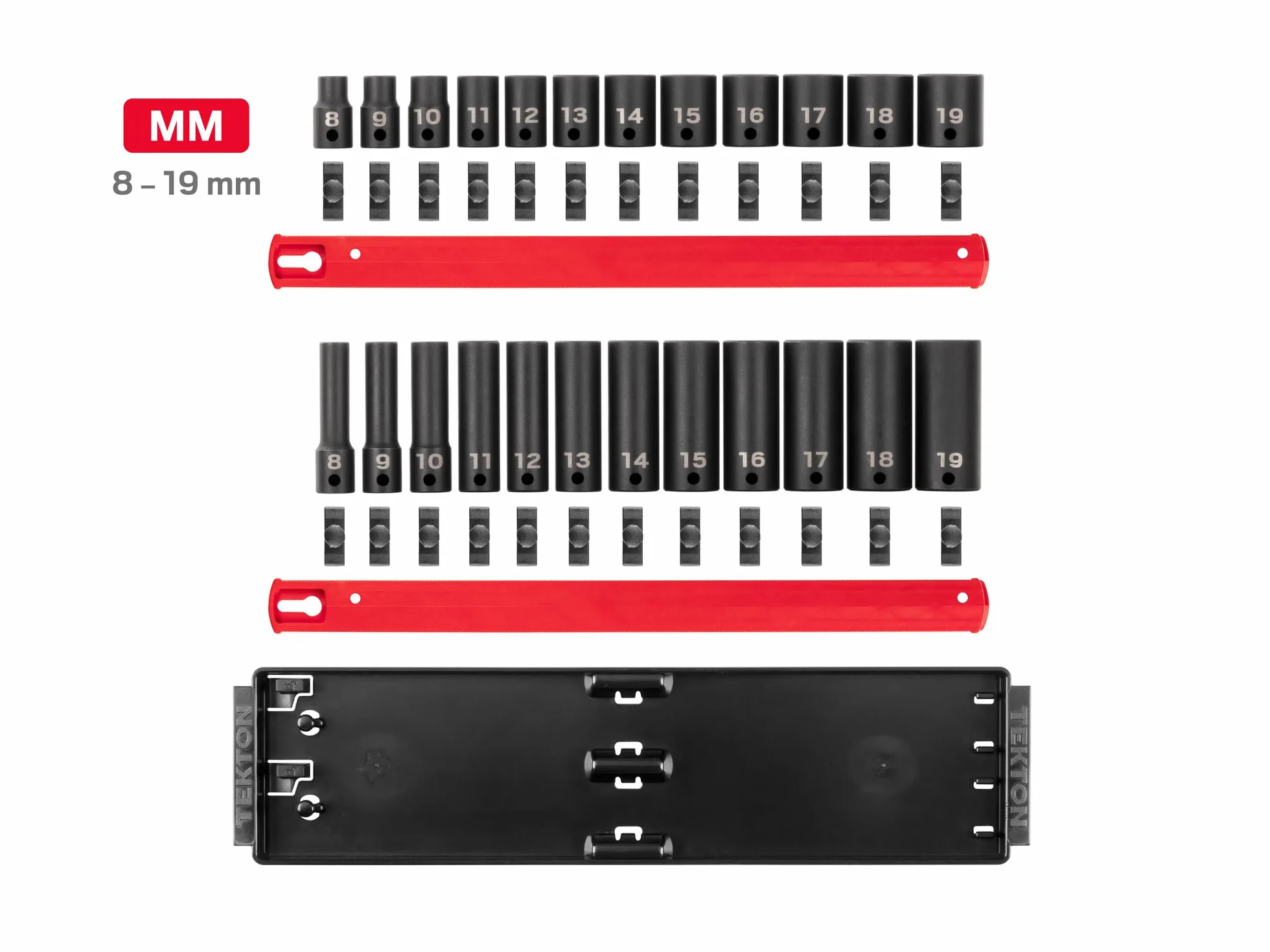 TEKTON SID91213 12-punktowy zestaw nasadek udarowych z szynami, 24-częściowy (8-19 mm)