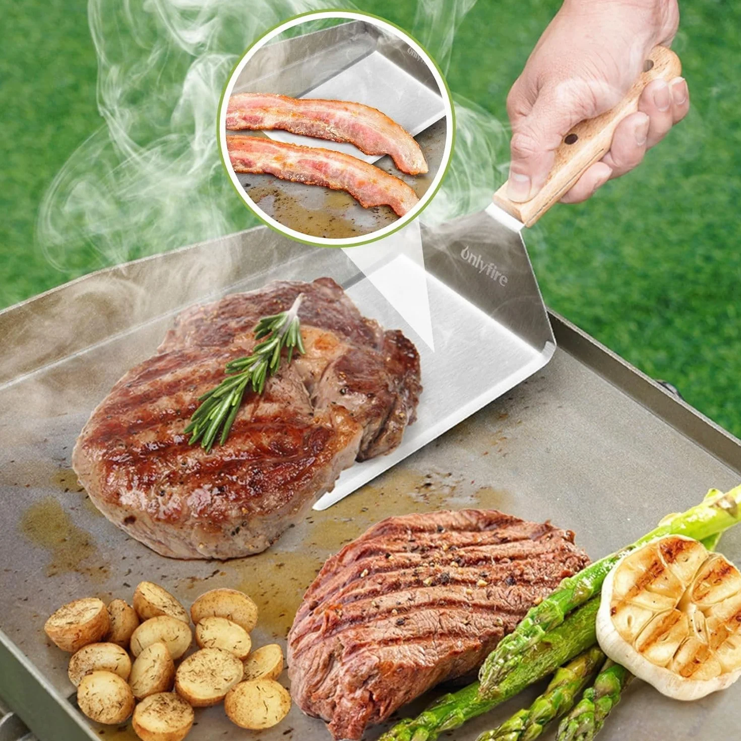 Onlyfire Zestaw Sztućców do Grilla ze Stali Nierdzewnej, Prasa do Hamburgerów, Łopatka, 2 Kopuł do Topienia Sera