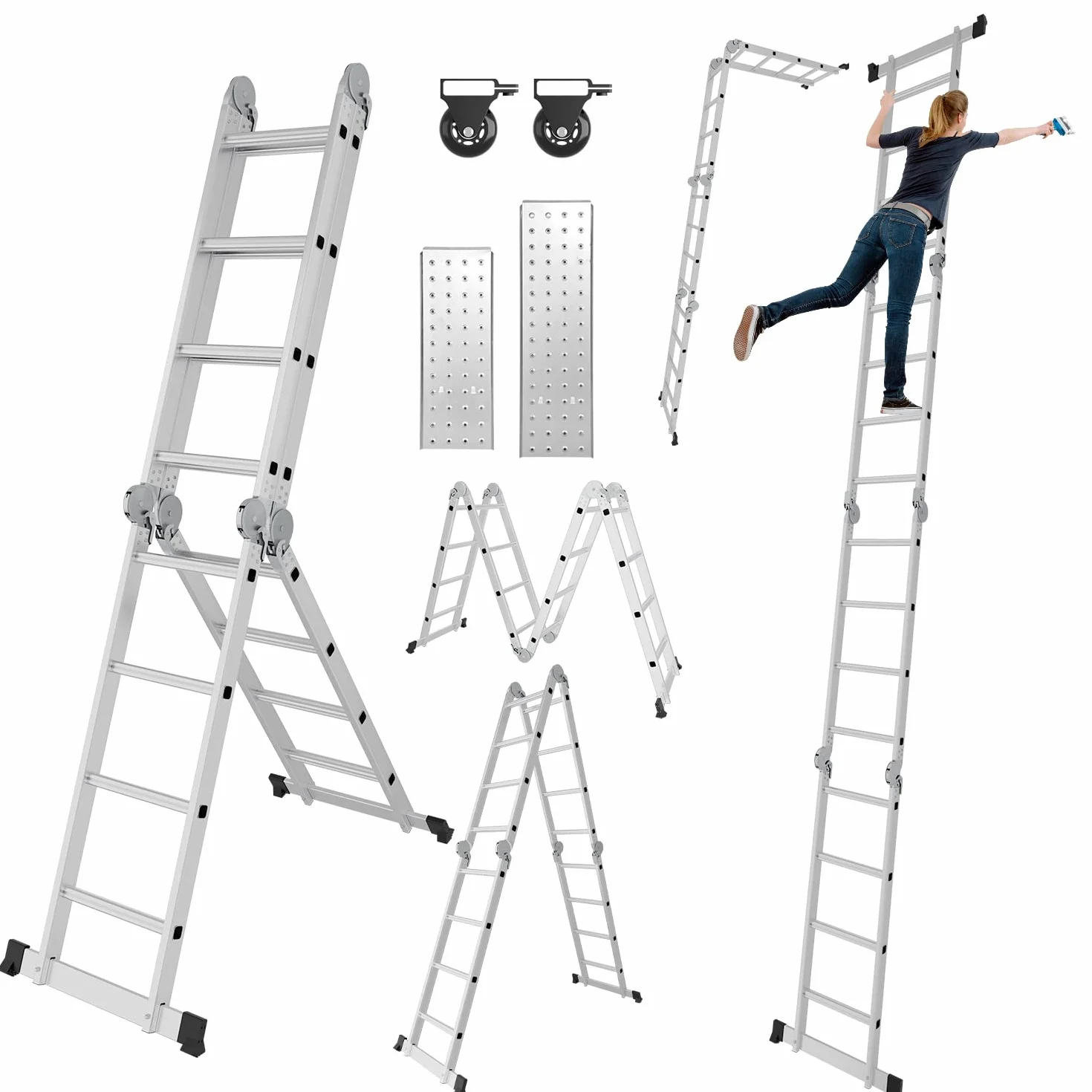5,8 m drabina wielofunkcyjna 7 w 1, aluminiowa drabina wielofunkcyjna, 4 x 5 szczebli, z 2 płytami rusztowania i 2 rolkami, składana drabina robocza, do 150 kg, srebrna