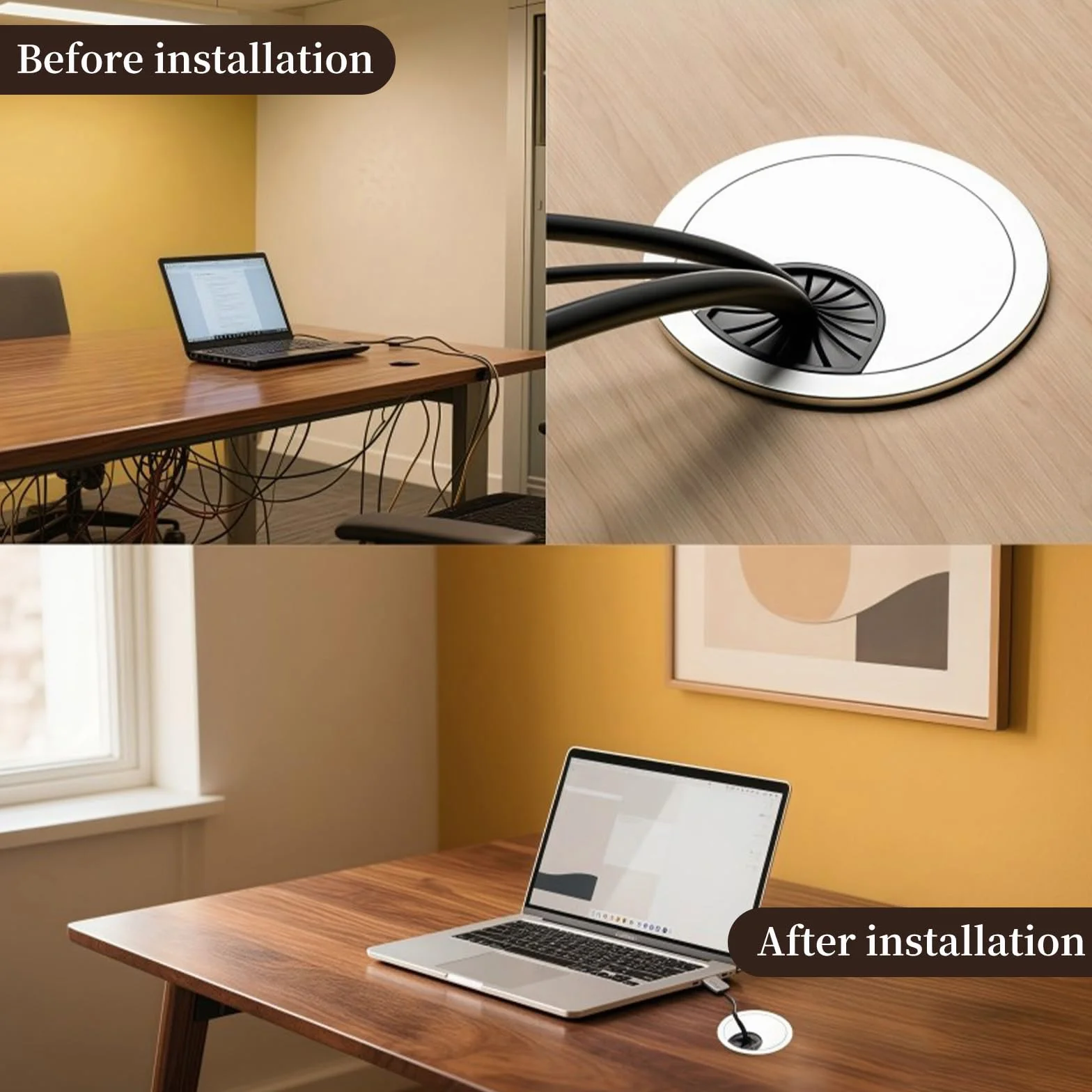 HAISHANG 2 szt. Przepust Kablowy do Biurka 60mm, Metalowy Przelot do Kabli ze Stopu Cynku ze Szczotką, Organizacja Kabli do Biurka i Blatu