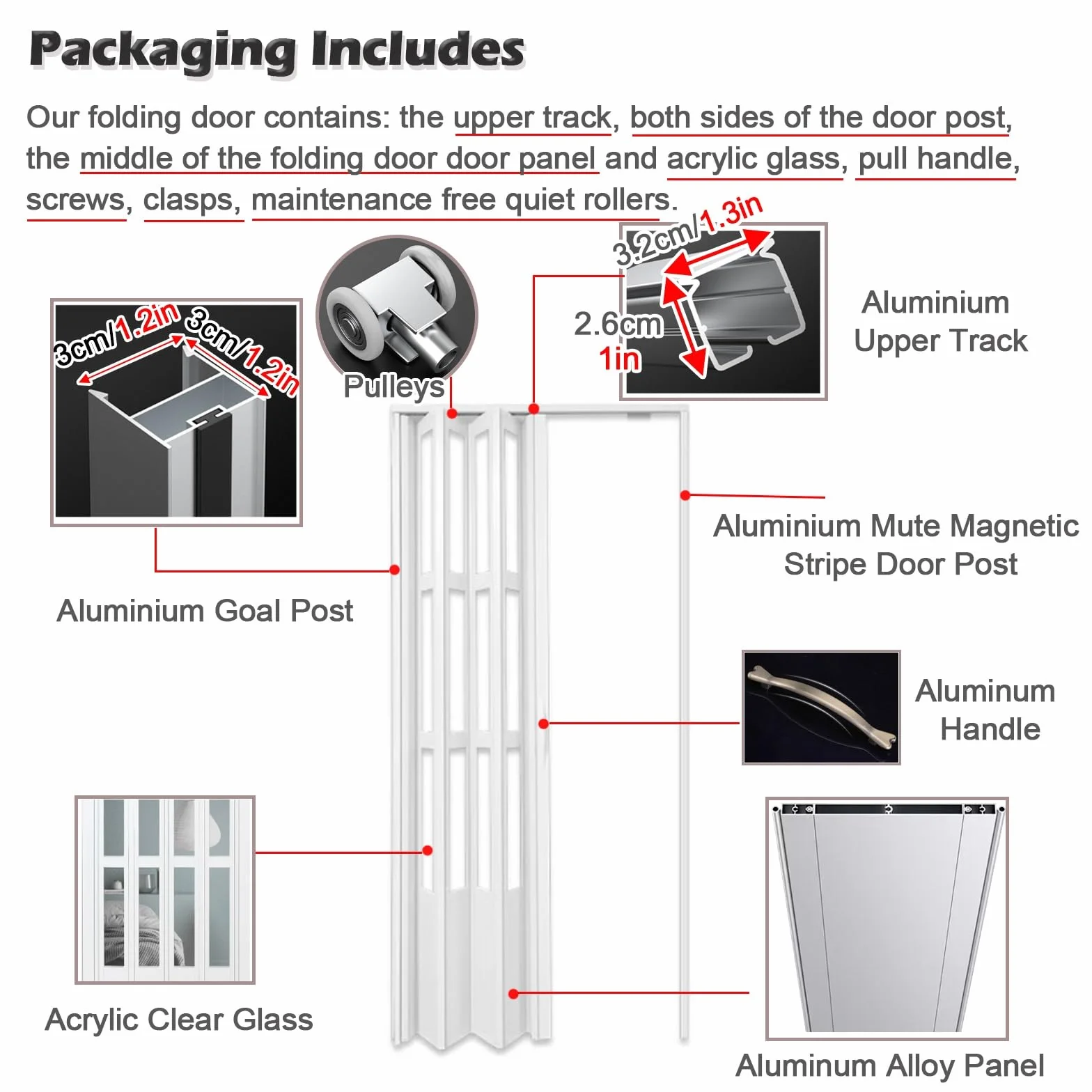 Aluminiowe drzwi przesuwne harmonijkowe białe 35x80in (88.9x203.2cm) z uchwytami i szkłem akrylowym