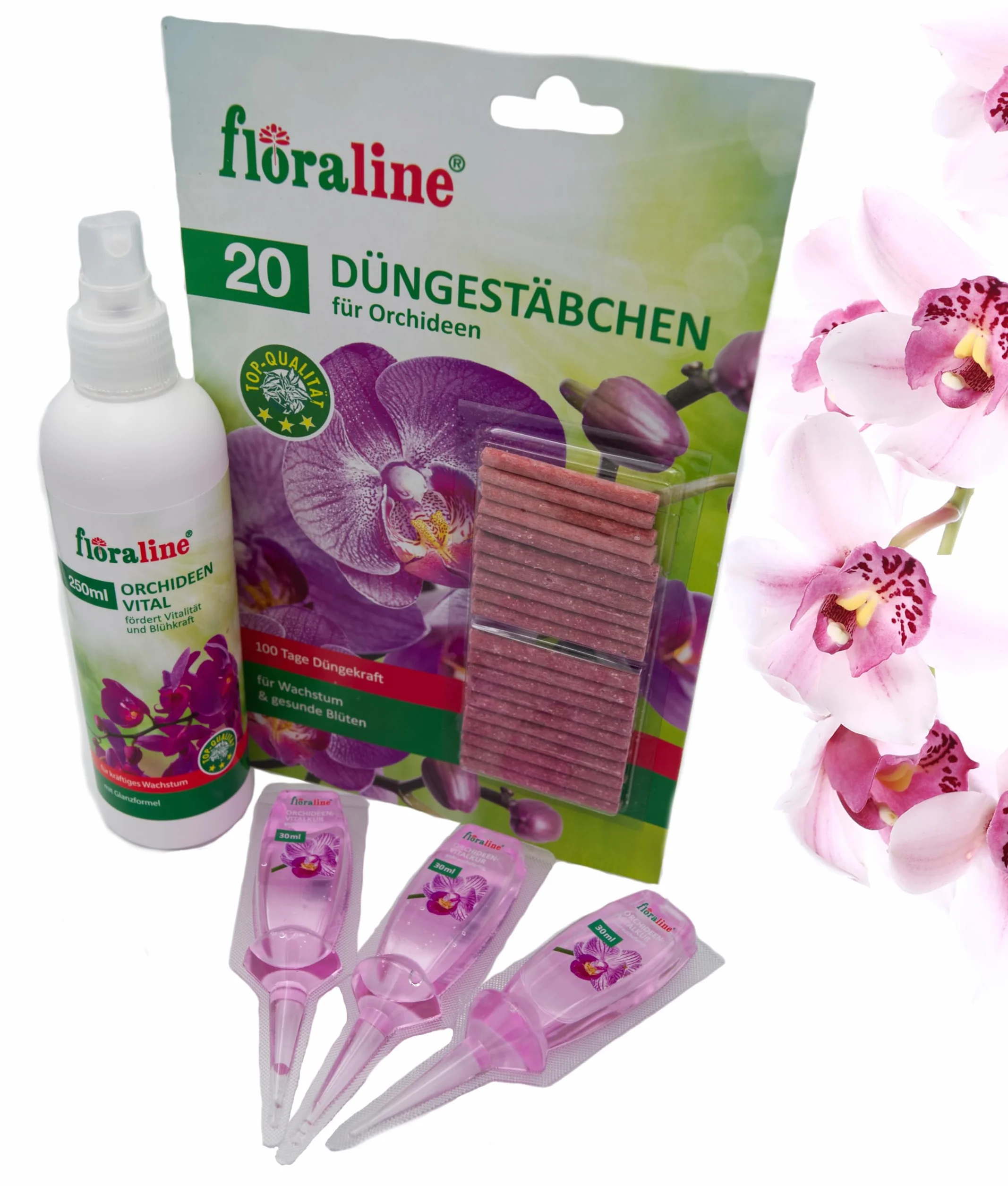 floraline Zestaw startowy nawozu do storczyków 20 pałeczek 3 odżywka witalna 250 ml Vital-Spray