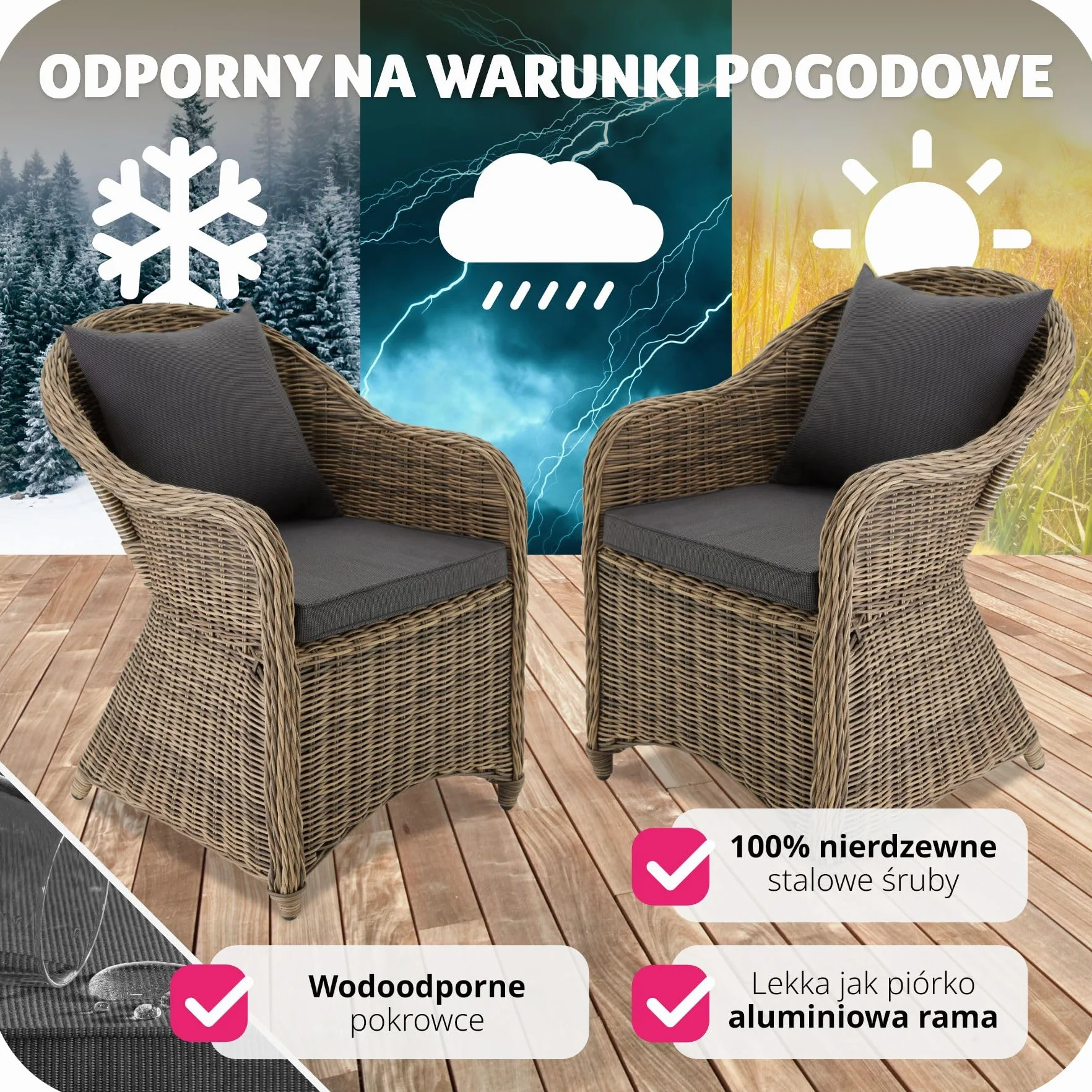 TecTake Fotel ogrodowy z polirattanu i aluminium + poduszki naturalny
