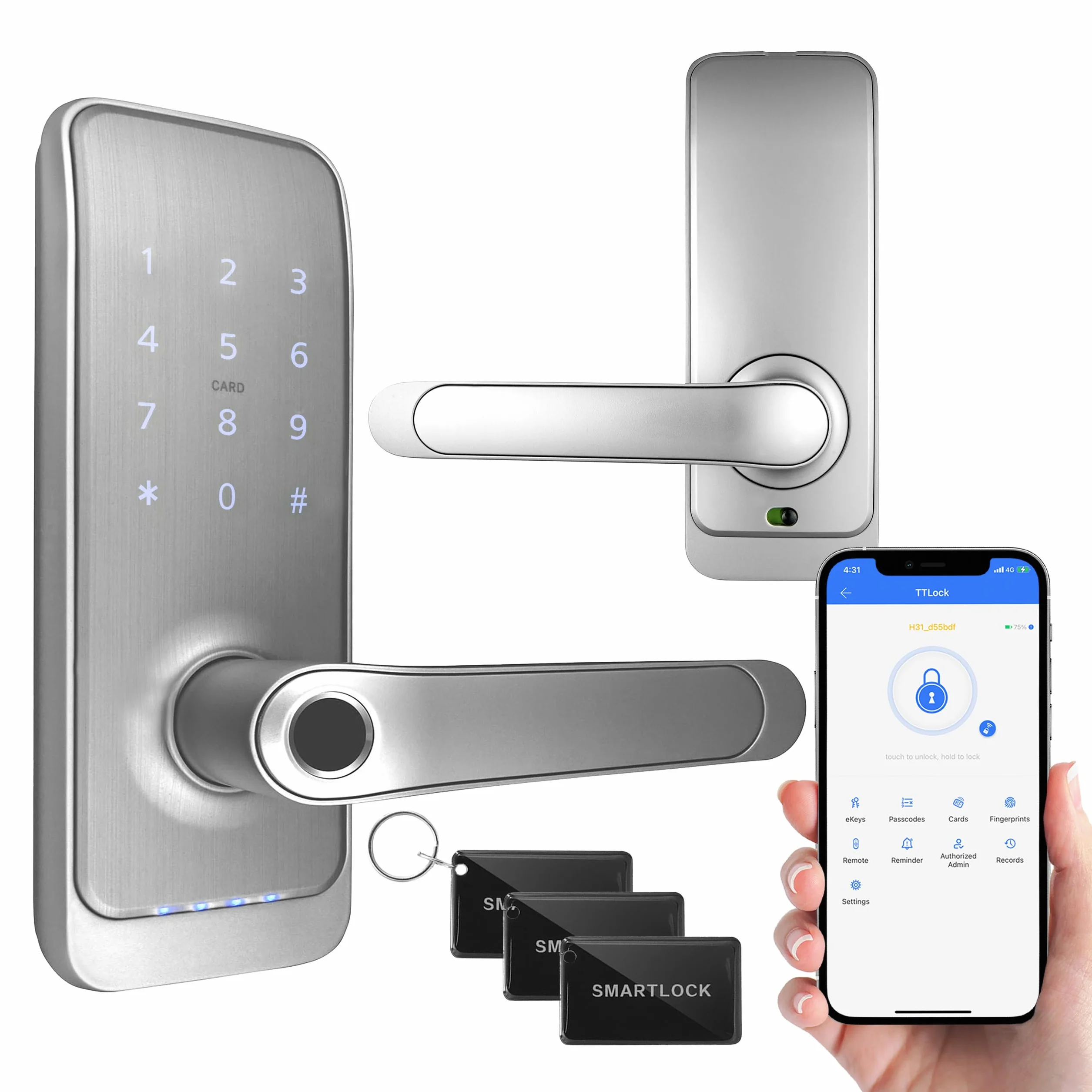 EURA ELH-01H4 inteligentny zamek do drzwi z uchwytem, zamek kodowy, czytnik zbliżeniowy 13,56 MHz, czytnik biometryczny, aplikacja TTLock/TTHotel, IP65, uniwersalny odstęp rygli, biały