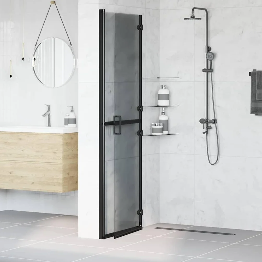 Ścianka prysznicowa Walk-In czarna z aluminium i szkła hartowanego, 120 x 6,5 x 190 cm, składana, z ochroną przed pryskaniem i ścianką działową, do łazienki, na mokro