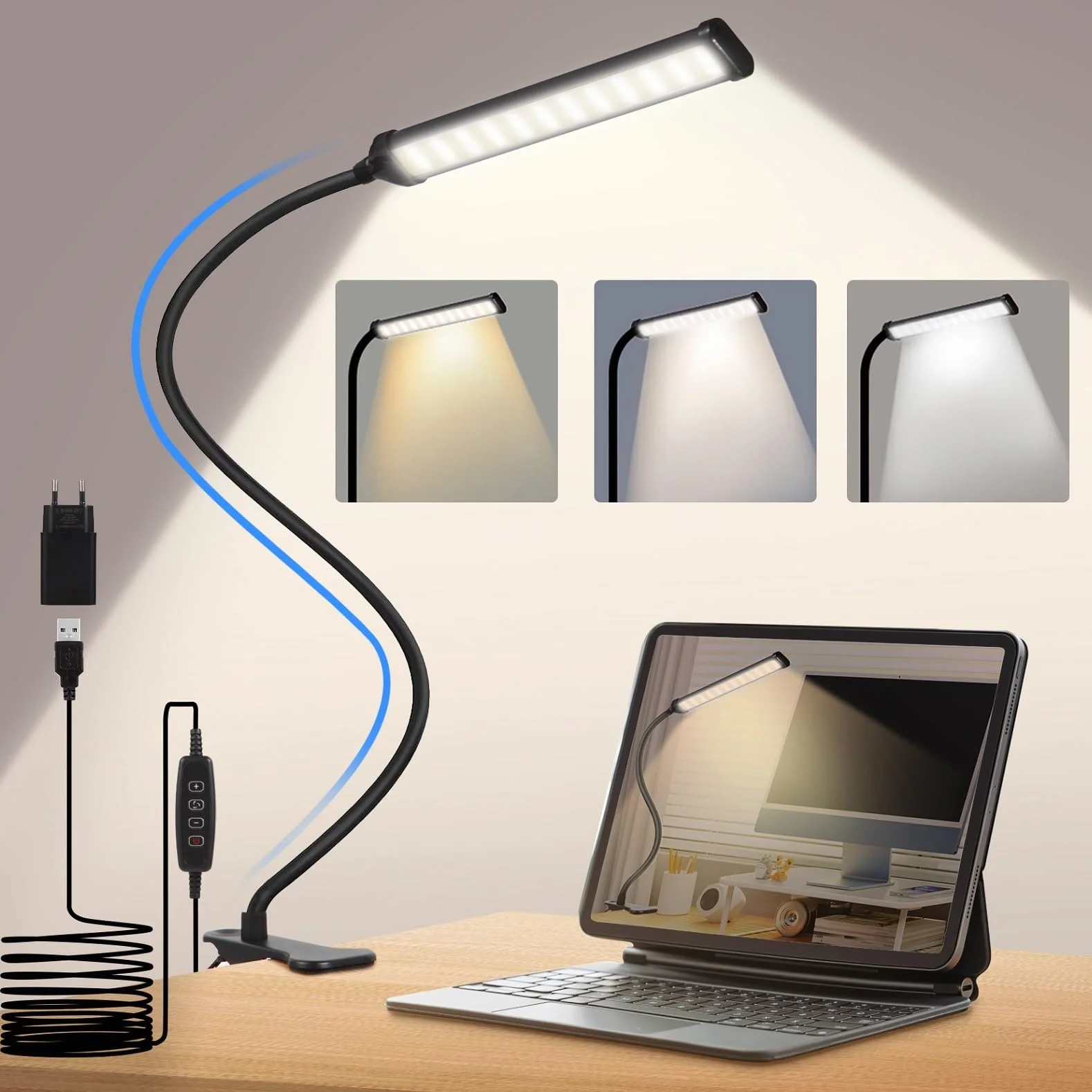 Lampa biurkowa LED, lampa do czytania-3 tryby oświetlenia i 10 poziomów jasności, lampa nocna, 6 W z adapterem USB, 70 cm elastyczny 360° do czytnika, łóżka, biura