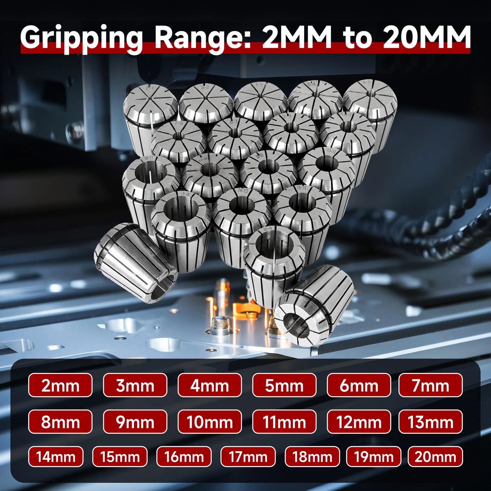 Zestaw tulei zaciskowych ER32 19 szt. Zestaw tulei zaciskowych ER32, zacisk sprężynowy, narzędzie do tokarki grawerującej CNC, 2-20 mm, pasuje do maszyny grawerującej CNC i frezarki tokarskiej