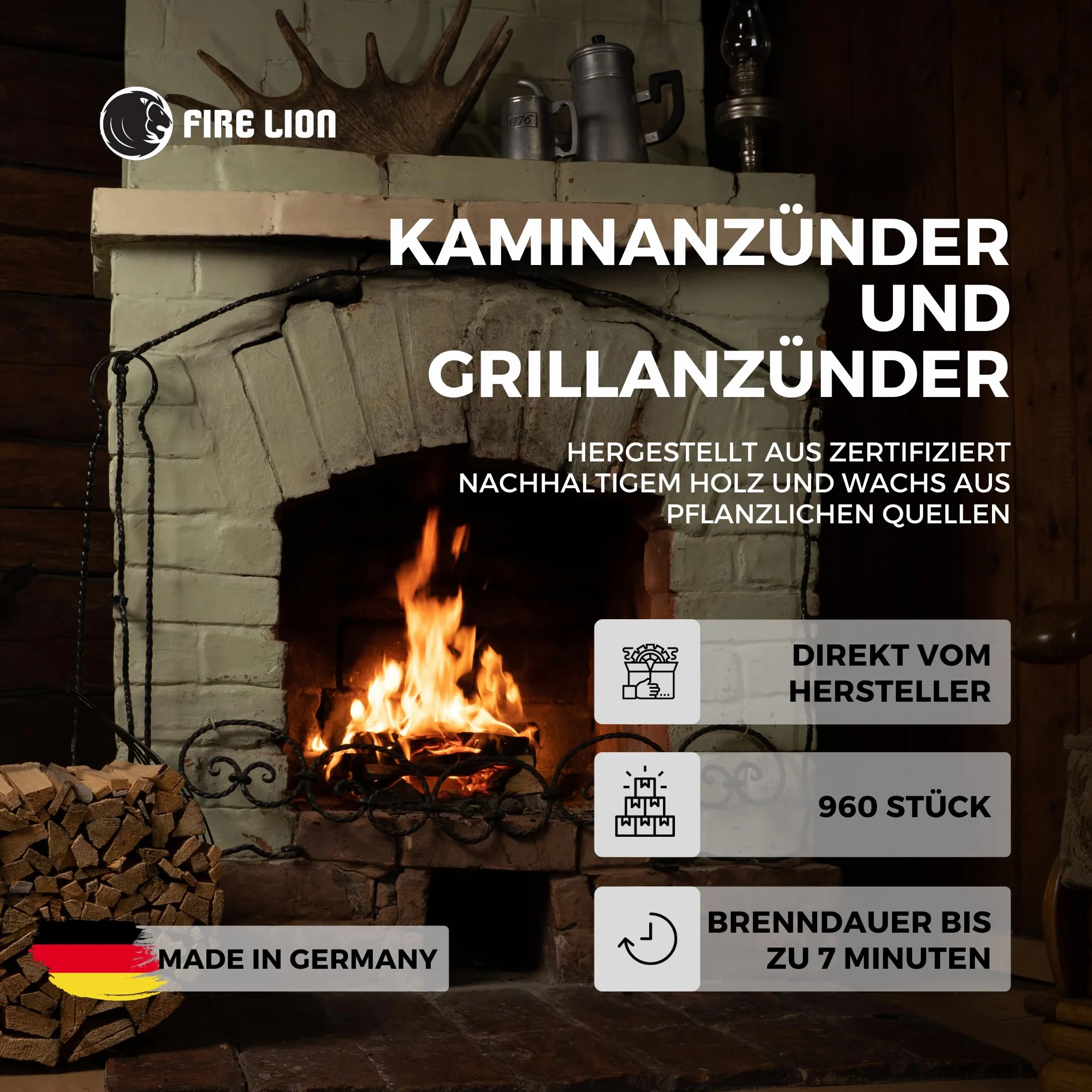 FIRE LION Podpałka do kominka 24 płyty 32 kostki roślinne kostki do rozpalania wyprodukowano w Niemczech