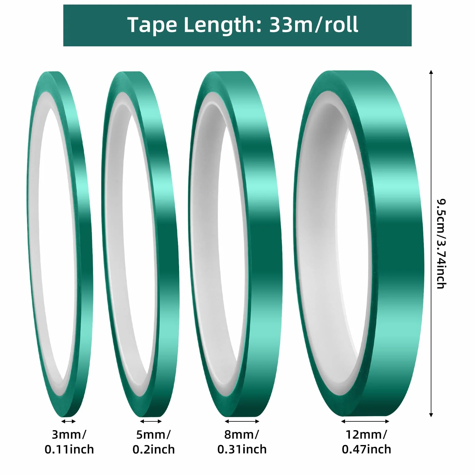 Mozeat Lens 4 rolki taśmy grzewczej do sublimacji, 3/5/8/12 mm x 33 m, odporna na wysokie temperatury, zielona, termiczna taśma klejąca, bez pozostałości, taśmy termiczne do elektroniki, płytek