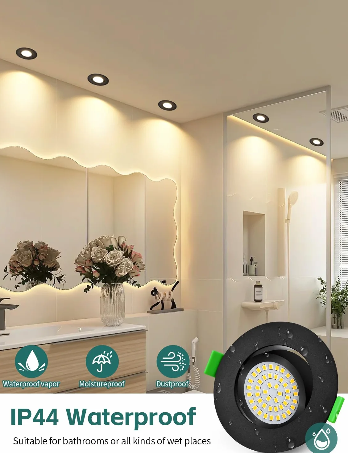 KYOTECH reflektory LED wpuszczane z możliwością ściemniania 68–80 mm 5W IP44, ultracienkie, neutralna biel 4000K, wodoszczelne rotacyjne o 45° reflektory sufitowe do łazienki, czarne, zestaw 6 sztuk