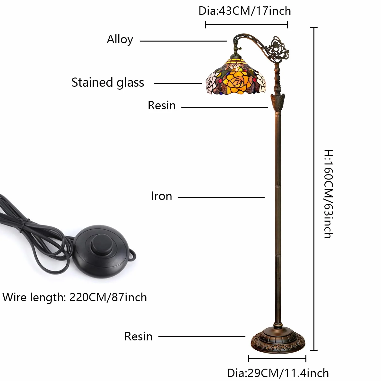Lampa podłogowa Tiffany Vintage Stojąca lampa w stylu różanych kwiatów Witrażowa lampa podłogowa Rustykalna lampa podłogowa z regulowanym kątem nachylenia do dekoracji wnętrz Salon Sypialnia