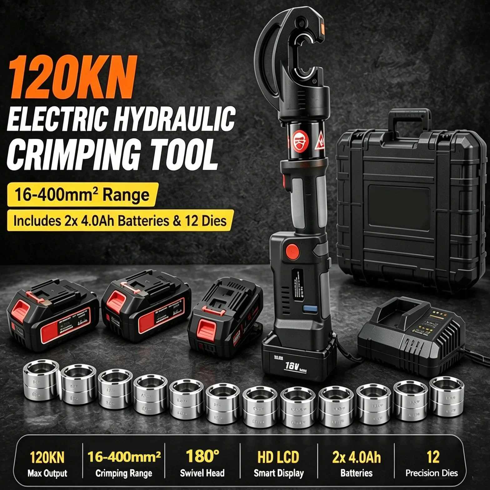 Elektryczna Zaciskarka Hydrauliczna 18V 120KN, Narzędzie Zaciskowe Kabli Terminali 16-400mm², Prasa do Rur Miedzianych z Automatycznym Powrotem i 2 Akumulatorami 4Ah