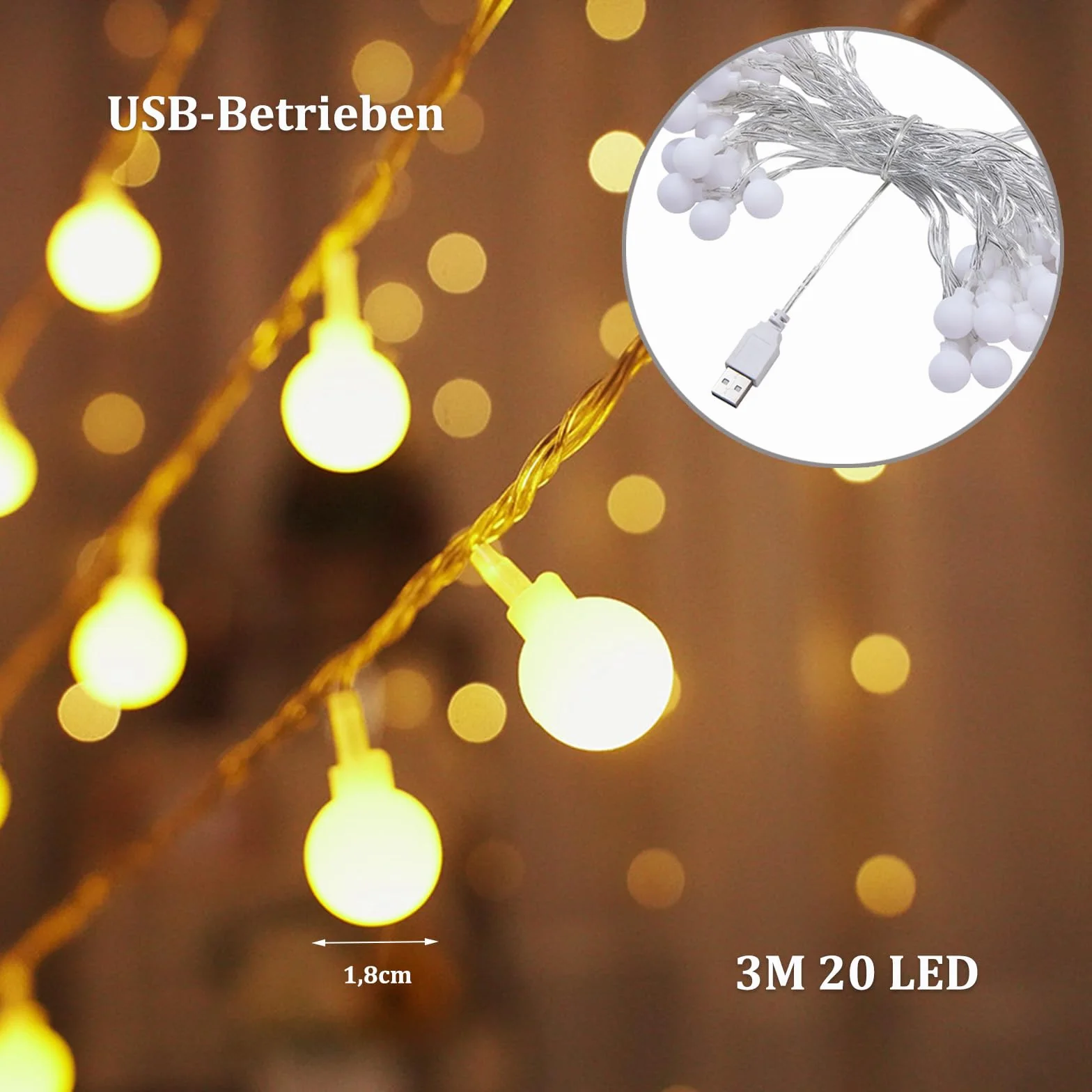 ENLACE Łańcuch świetlny USB, 3 m, 20 diod LED, ciepła biel, zasilanie USB, łańcuch świetlny na wesele, Boże Narodzenie, imprezę, do pokoju, na balkon, kemping, do użytku wewnątrz i na zewnątrz