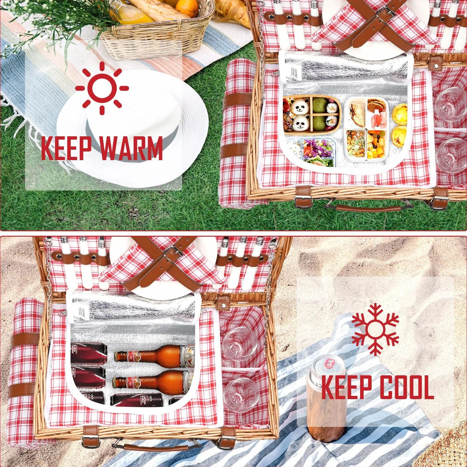Wiklinowy kosz piknikowy dla 2 osób z wodoodpornym kocem i izolowaną komorą chłodzącą, czerwony