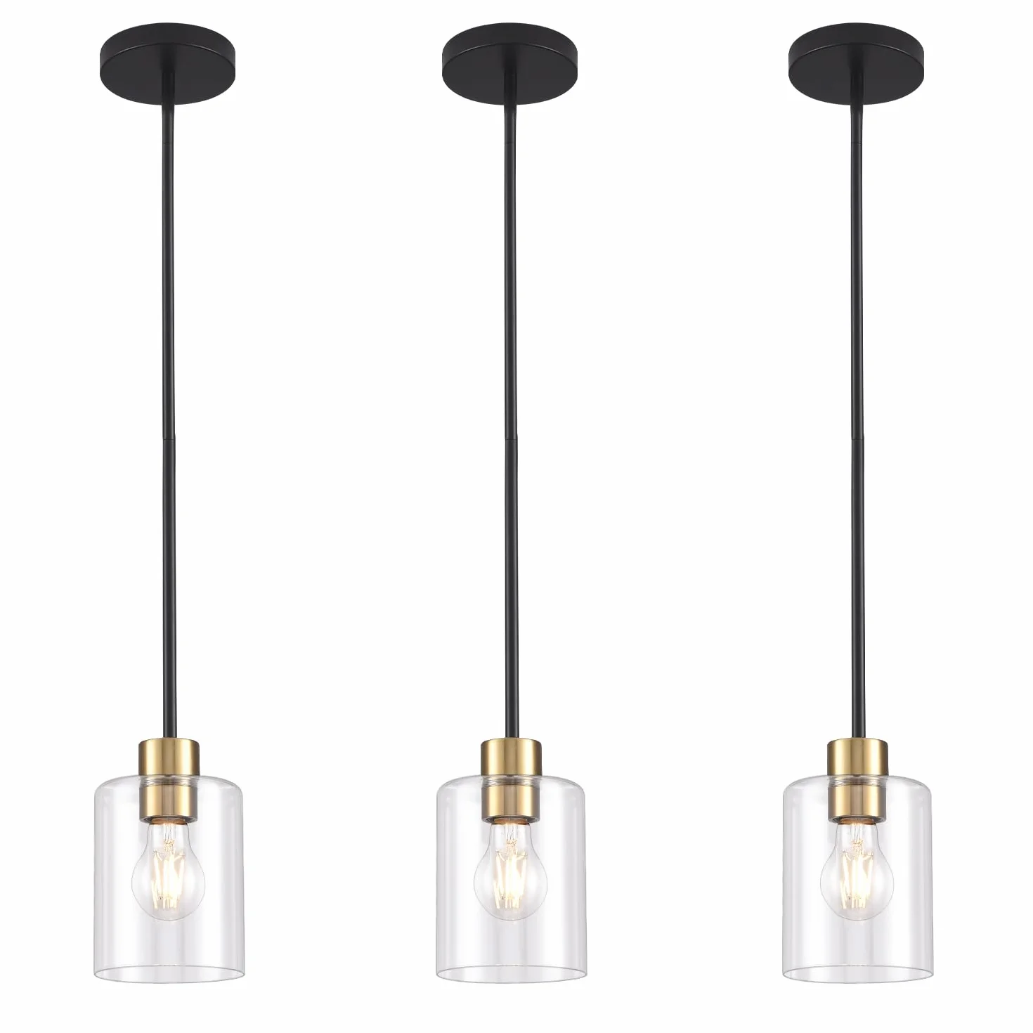 Czarne mosiężne lampy wiszące wyspa kuchenna - przezroczyste szkło wisząca oprawa oświetleniowa wiele łodyg pręty 3 jednostki 30 cm 3 jednostki 10 cm (3 szt. czarny mosiądz downrod)