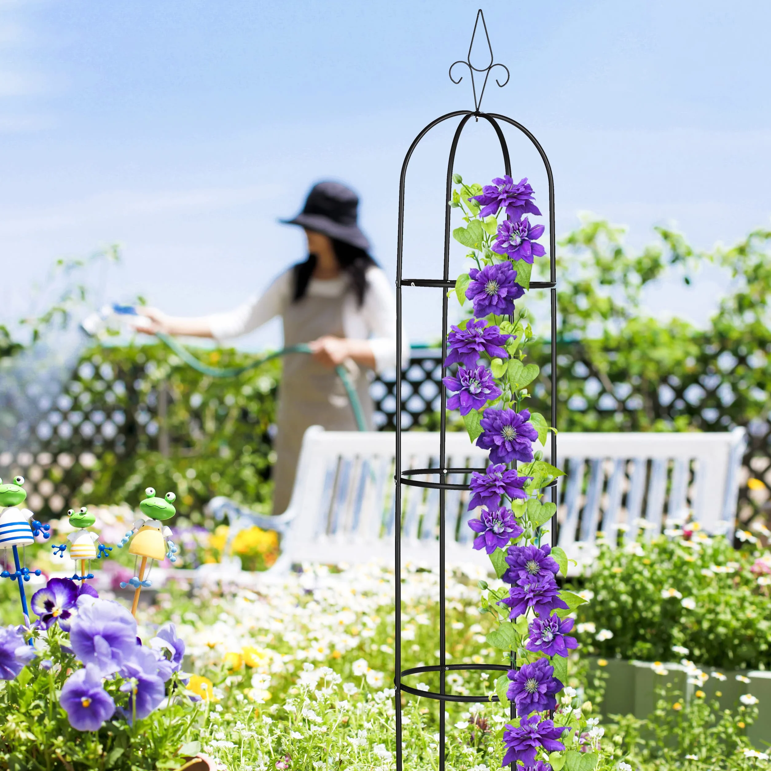 Relaxdays Pergola Obelisk, wysokość 200 cm, do roślin pnących, metalowa, wolnostojąca, pomoc do wspinaczki róż, czarna, 200 x 41 cm