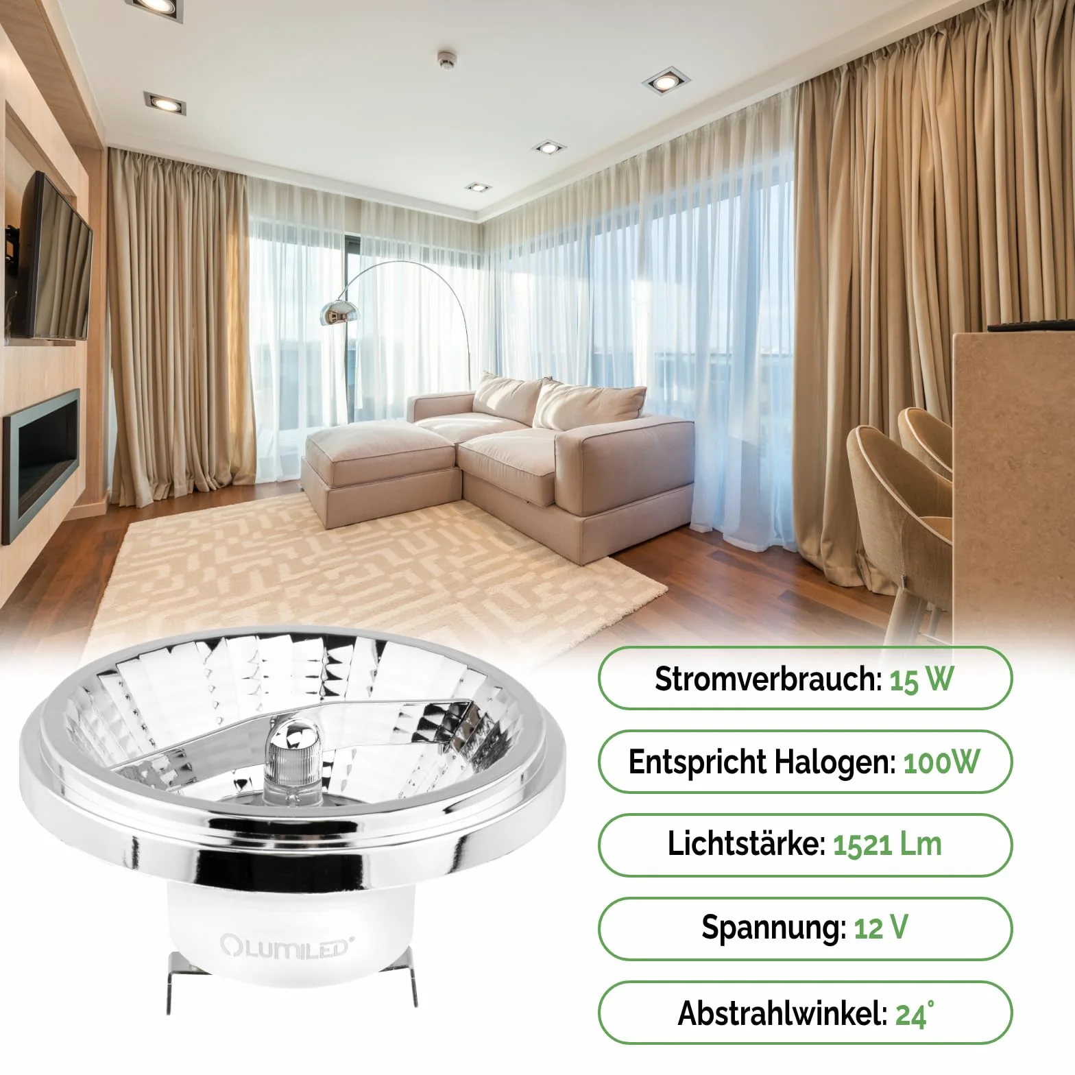 Żarówka LED G53 Reflektor AR111 15W = 100W 1521lm 4000K Neutralna 24° 12V Srebrna LUMILED