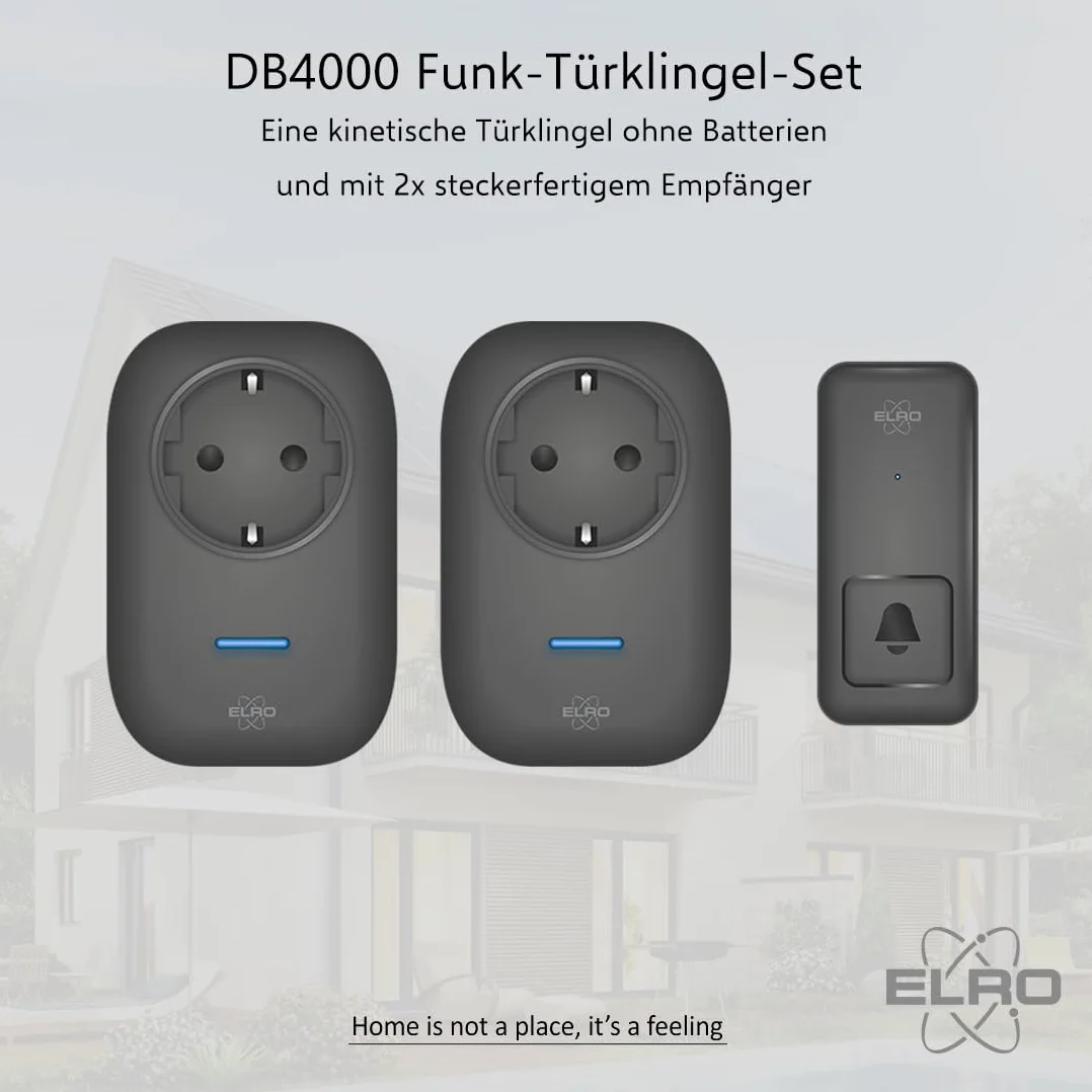 ELRO DB4000 Kinetic bezprzewodowy zestaw dzwonków do drzwi, z 2 odbiornikami wtykowymi z gniazdkiem, nie wymaga baterii, 150 metrów